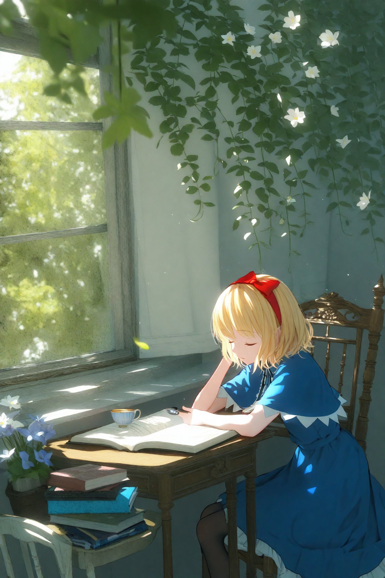 masterpiece,best quality,illustration,ultra detailed,hdr,Depth of field,(colorful),Artist rokusai,shanghai doll,alice margatroid,cup,hairband,closed eyes,bow,window,blonde hair,book,capelet,hair bow,flower,red bow,sleeping,short hair,curtains,plant,dress,long hair,1girl,blue dress,teacup,red hairband,chair,open book,paper,holding,