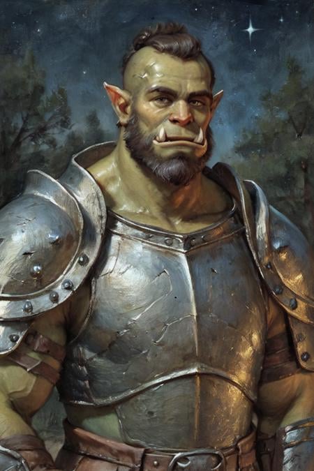 score_9, score_8_up, score_7_up, oil painting, traditional media, realistic, solo, male focus, mature male, orc, green skin, tusks, beard, outdoors, armor, looking at viewer, shoulder armor, breastplate, upper body, closed mouth, pauldrons, night, night sky, standing <lora:Cold Oil Gothic Style SDXL_LoRA_Pony Diffusion V6 XL:1>