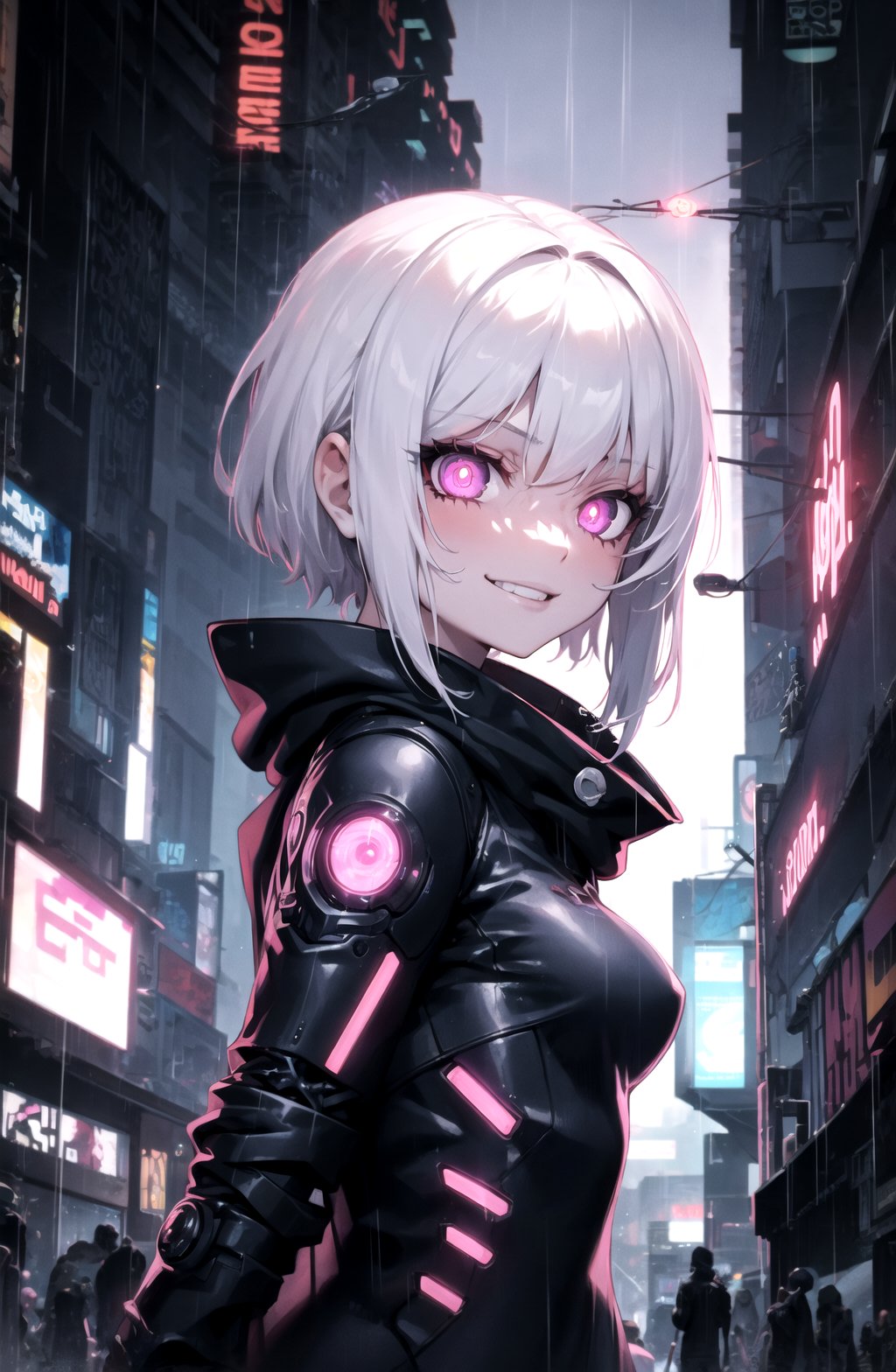 from side, 1girl, white hair, purple eyes, glowing eyes, evil smile, rain, pupils, street, cyborg, cyberpunk, 