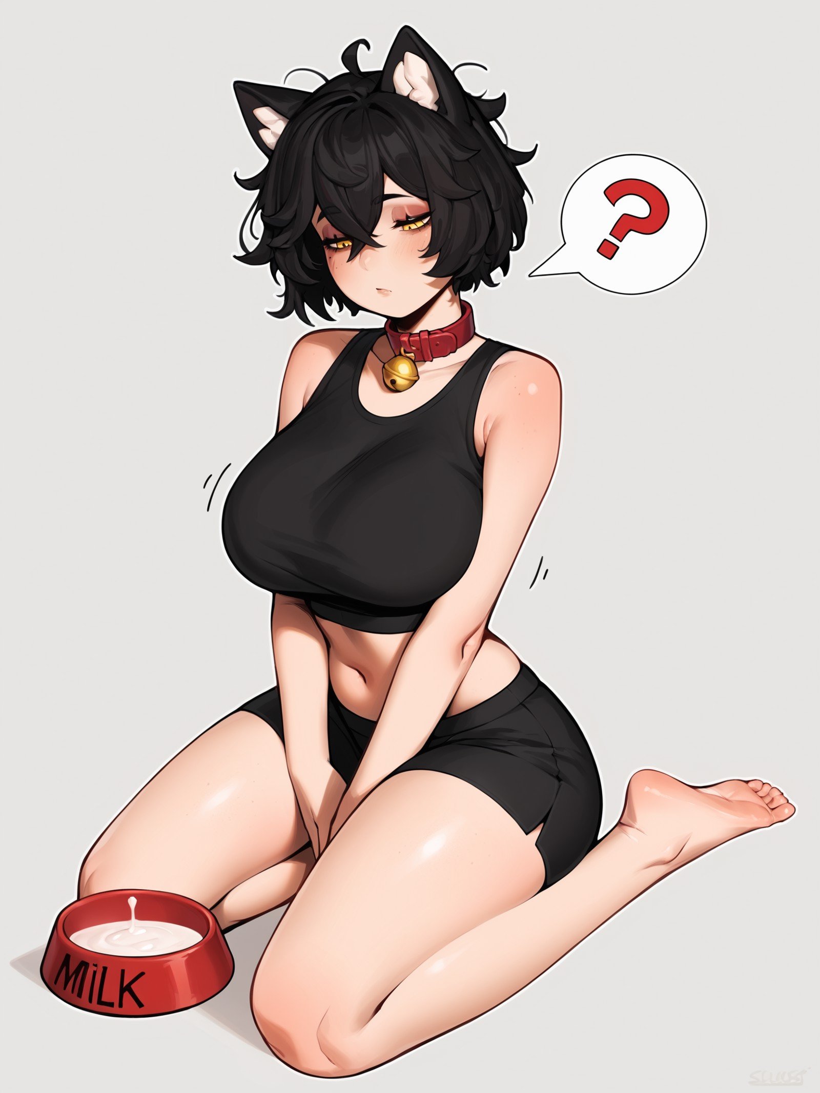 score_9, score_8_up, score_7_up, score_6_up, score_5_up, score_4_up,BREAK1girl, black hair, short hair, messy hair, yellow eyes, cat ears, spoken question mark, half-closed eyes, squinting, neck bell, looking down,BREAKsolo, kneeling, barefoot, black crop top, black top, sleeveless, stomach, large breasts, black sport shorts, red collar, hands between legs, milk bowl, red bowl,BREAKwhite background, realistic, <lora:Lunas-Slush5244-SDXL-A1:1>