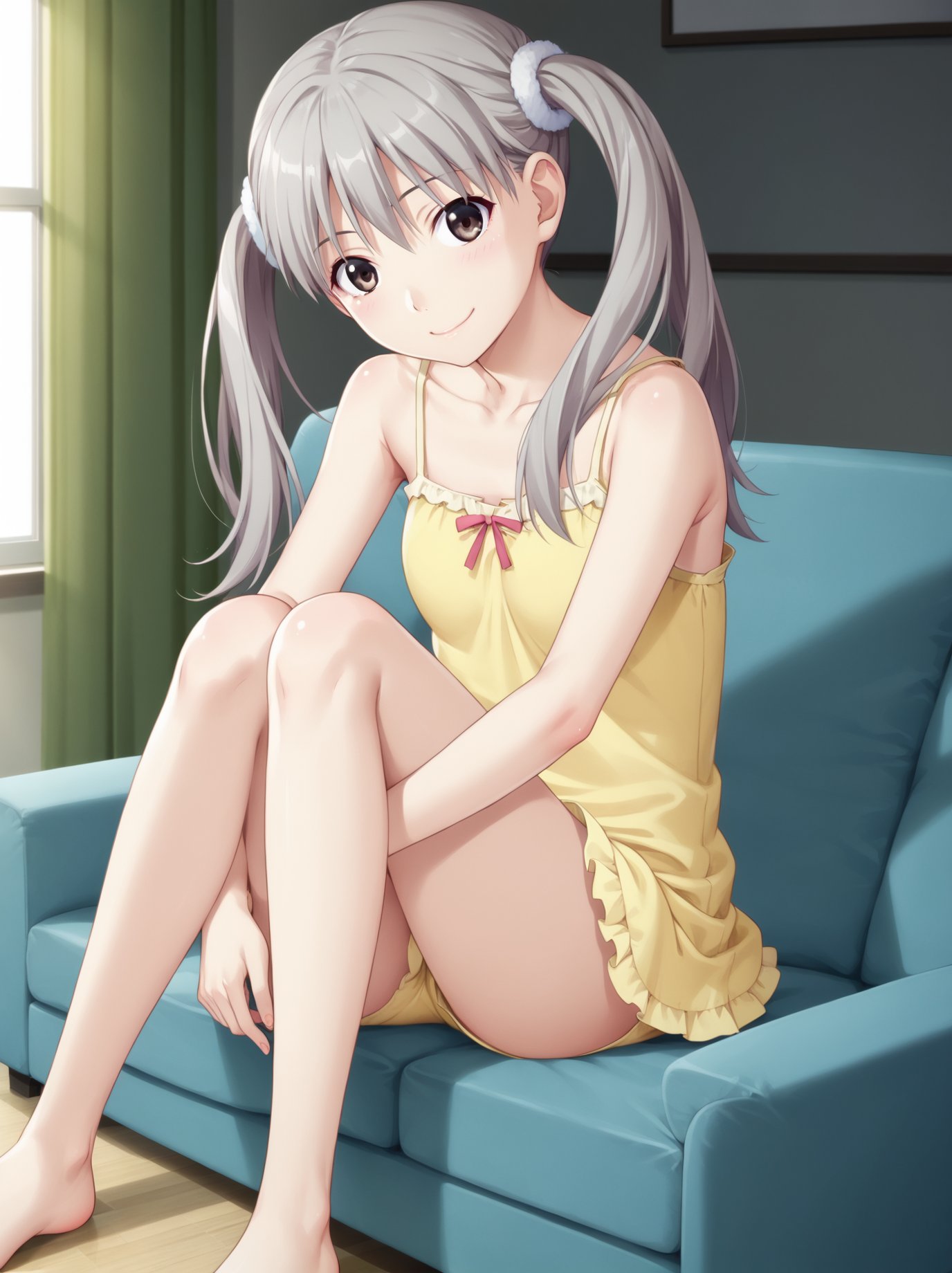 <lora:OikuraSodachi:1>, oikurasodachi, 1girl, smile, yellow camisole, sitting, knees to chest, frills