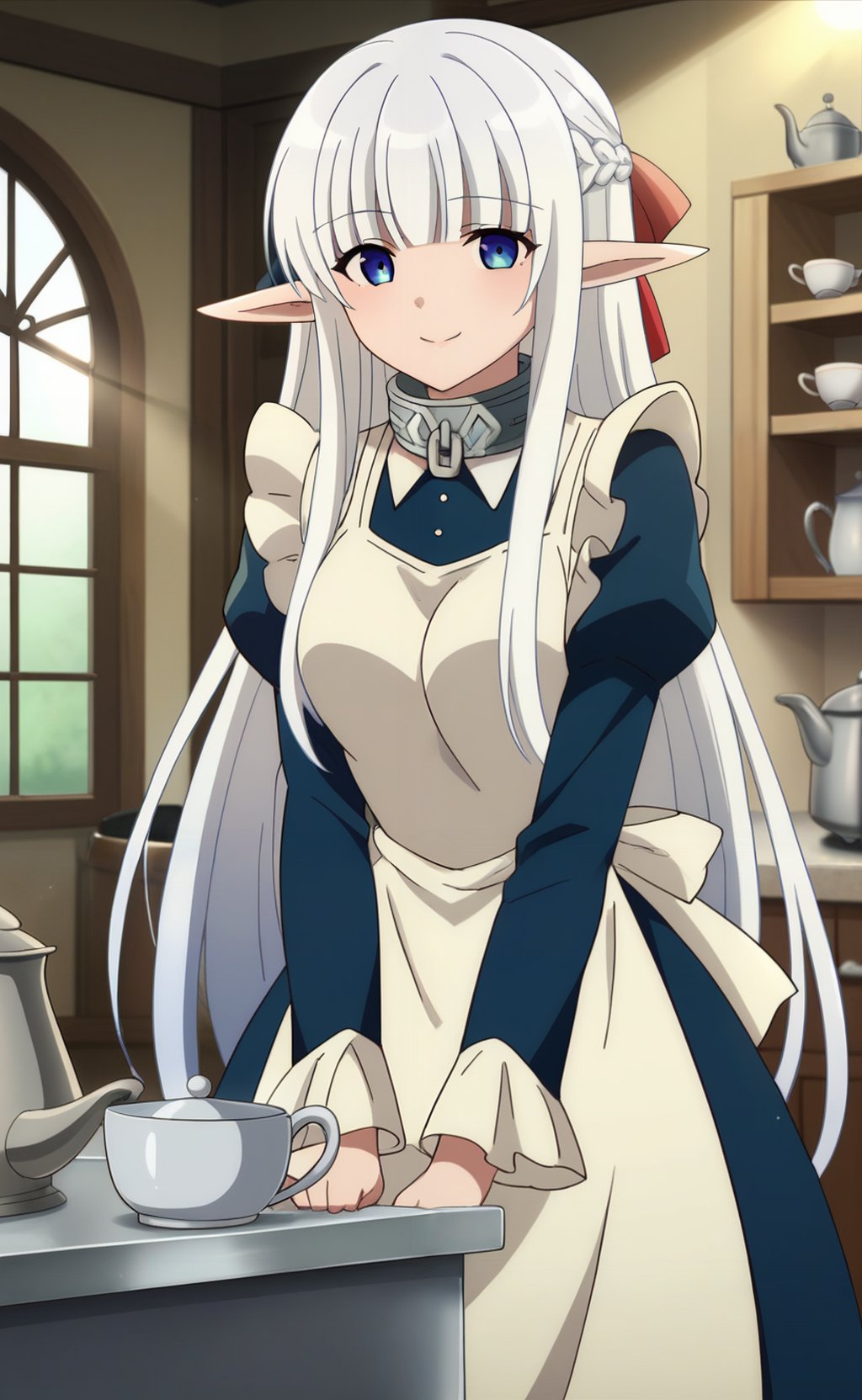 score_9, score_8_up, score_7_up, 1girl,  <lora:nephilia:1> nephiliaxl, pointy ears, blue eyes, very long hair, white hair, elf, apron, maid, collar, braid, dress, long sleeves, frills, blunt bangs, hair ribbon, standing, room, kitchen, kettle, teacup, smile, n.n, looking at viewer, light rays, cowboy shot, 