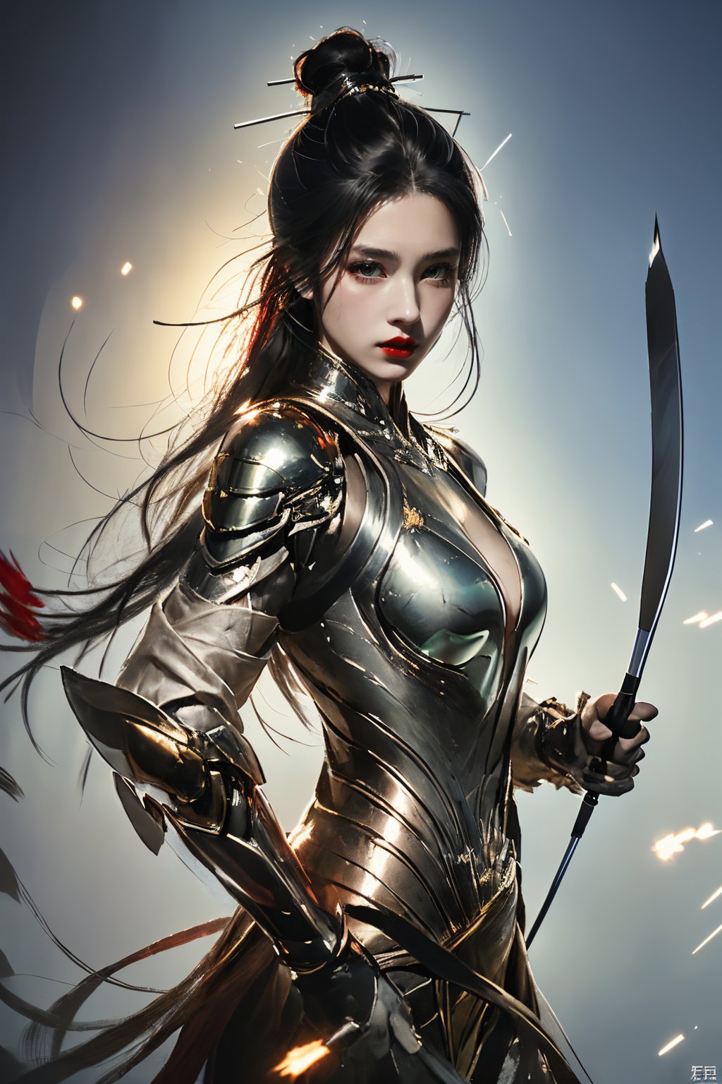 gfmm007, 1girl, solo, black hair, long hair, weapon, armor, hair bun, single hair bun, hair ornament, sword, looking at viewer, parted lips, holding, red lips, medium breasts, holding weapon, arrow \(projectile\),<lora:SMHF1.5:0.8>,