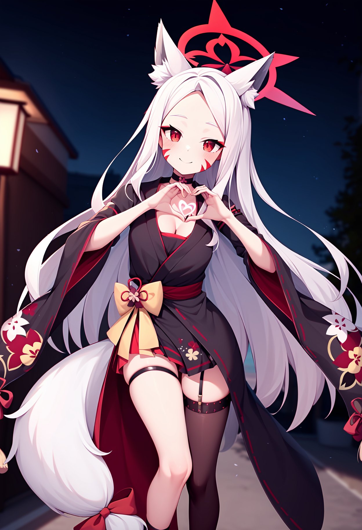 masterpiece, best quality,1girl, shiro \(sewayaki kitsune no senko-san\), fox girl, fox ears, fox tail, white hair, red eyes, whisker markings, choker, smile,wearing outfit of wakamo \(blue archive\), black kimono, floral print, thigh strap, hips, garter straps, mismatched legwear, single thighhigh, cleavage, heart hands, tail bow, fox mask, halo,outdoors, dark night