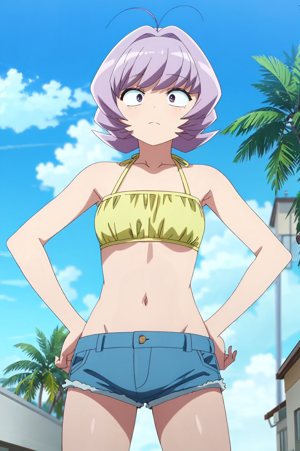 Najimi Osana, (8k, HD), 1girl, solo, short hair, navel, bare shoulders, closed mouth, standing, collarbone, swimsuit, purple hair, bikini, cowboy shot, outdoors, sky, shorts, day, midriff, cloud, tree, blue sky, short shorts, looking down, denim, androgynous, 1other, blue shorts, denim shorts, hands on hips, palm tree, yellow bikini, other focus<lora:EMS-468581-EMS:0.800000>