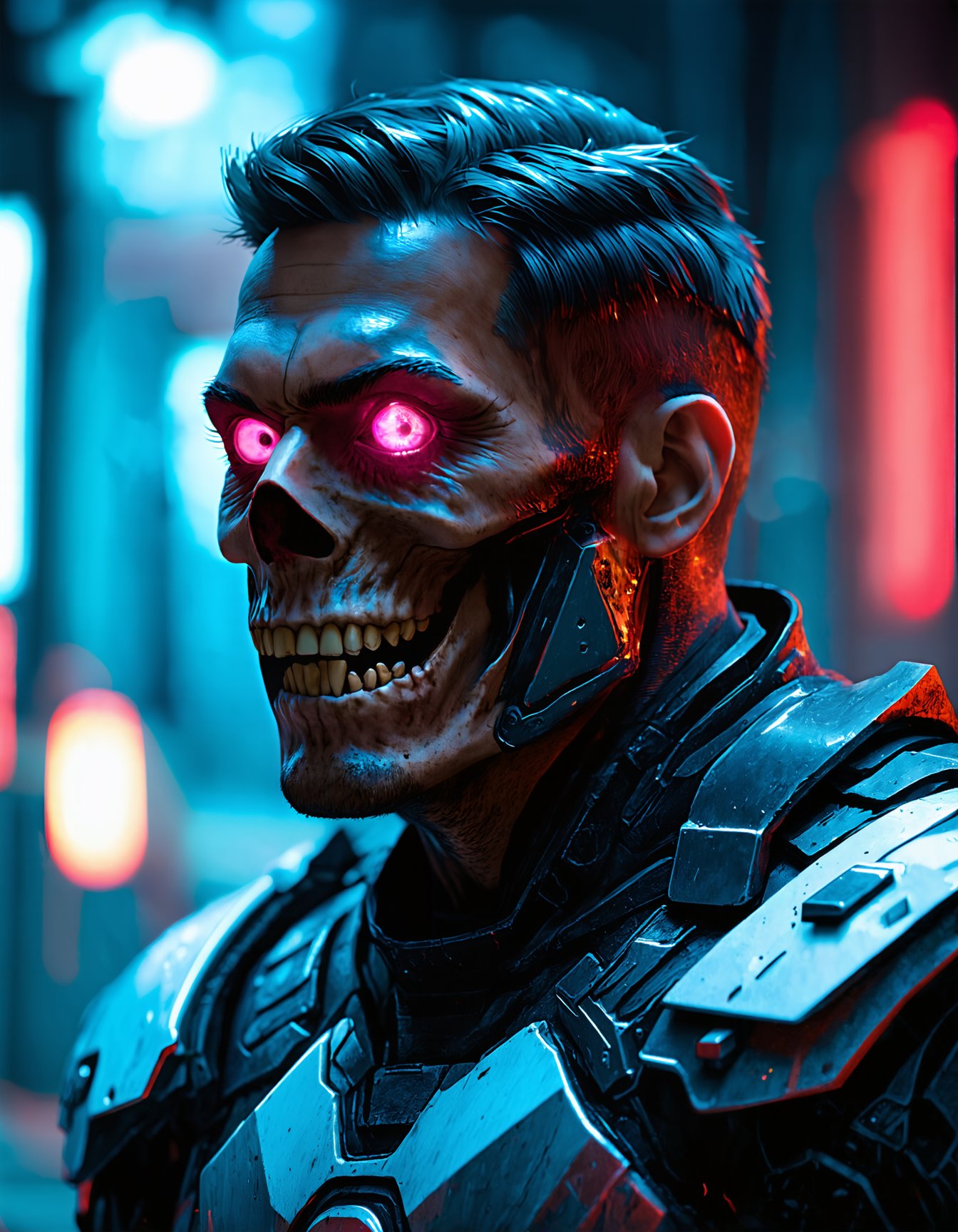 (best quality,8K,highres,masterpiece), ultra-detailed, man, upper body, male focus, teeth, pink eyes, armor, from side, profile, glowing, glowing eyes, science fiction, skull, modern_style_boost_v1_slider_sd3m.safetensors