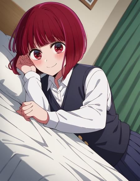 score_9, score_8_up, score_7_up, source_anime,kanaarima, <lora:kana-arima-s1-ponyxl-lora-nochekaiser:1>,kana arima, short hair, bangs, red eyes, red hair, bob cut, smile,long sleeves, school uniform, white shirt, collared shirt, vest, black vest,indoors, bed, bed room, on side, blush, drunk,looking at viewer, cowboy shot, dutch angle, solo,