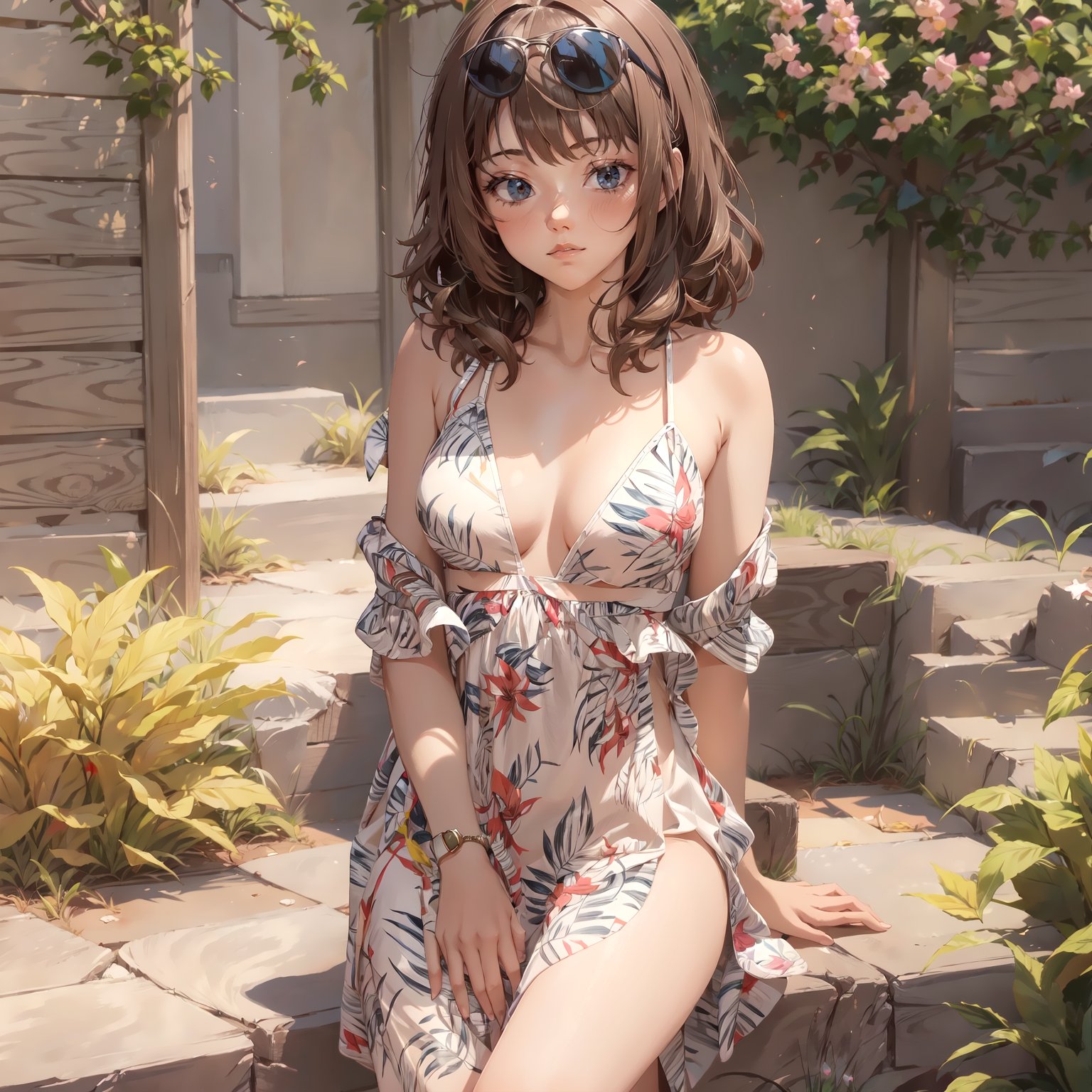 (masterpiece:1.3),flwrdrss,1girl,upper body,brown hair,long hair,medium breasts,<lora:FlowerDressSD15:0.9>