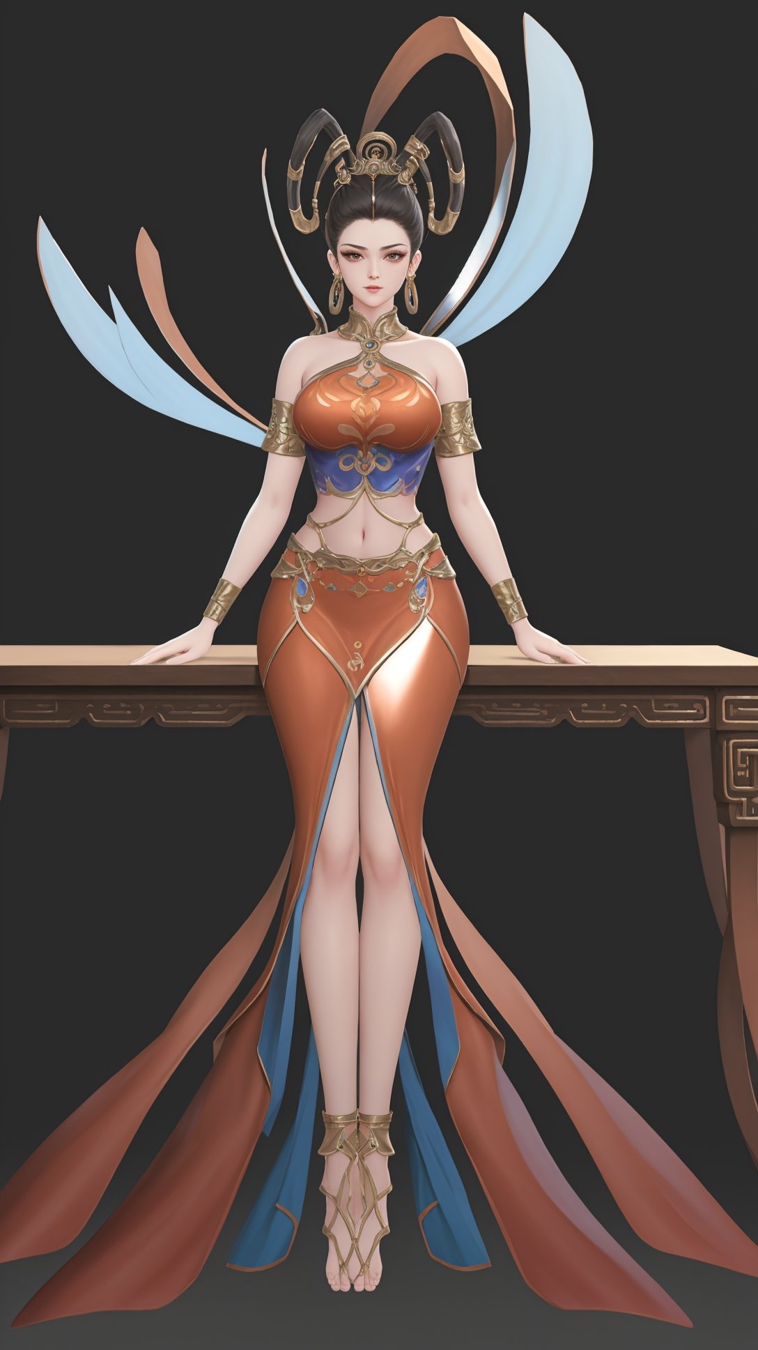 (1girl),smooth chin,masterpiece,detailed face,((hair ornament:1.2)),top quality,4k,make up,best quality,large breasts,(looking at viewer),ribbon,arms behind back,shawl,detached sleeves,forehead mark,legs,on street,full body,sitting on table,<lora:王者 杨玉环 遇见飞天_v1.0:0.9>,(big hair ring:1.5),hair ribbon,chinese clothes,orange skirt,midriff,anklet,armlet,