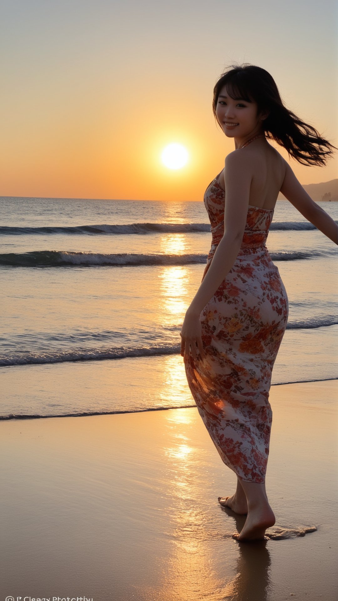 realistic photo of a Japanese woman,"A woman with a flower tucked behind her ear dances barefoot on the beach, her movements mirroring the rhythm of the waves. The setting sun casts long shadows on the sand, and the sky is ablaze with vibrant colors. Her carefree spirit and the breathtaking scenery create a truly magical and unforgettable moment.", best quality,masterpiece,realistic,RAW Photo,ethereal atmosphere,vibrant colors,soft glowing lights,serene and captivating,dynamic and graceful pose,harmonious composition,original,perfect lighting,cowboy shot,lens flare,mist,Artistic,memorable masterpieces,Powerful angles,intricate details,(photo realistic:1.1),portrait,fashion model,abstract,photorealistic,ultra-accurate,((noise clear)),strong light source,effects,, [:"Elated smile, tinged with an air of restraint":0.3]