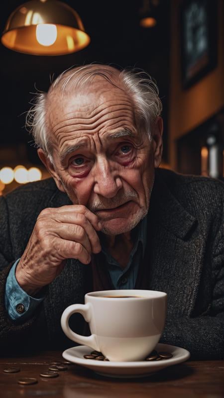 RAW photo, old man in cafe, detailed wrinkles, crying face, cup of coffee, a few coins on the table, tears, realistic, aesthetic, depth of field, high contrast, dark noir, colorful, photograph poster, hyper detailed, cinematic lighting, soft shadows, sharp focus, best quality, ISO 100, 16K resolution.