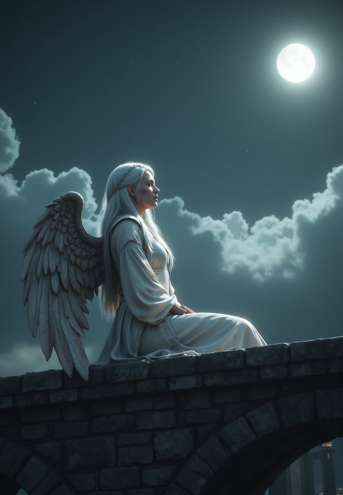 ((cinematic, 8k uhd, dslr, hdr)), (high budget film)In the soft, silver light of the moon, an angel sits perched on the stone railing of an ancient, weathered bridge. Her resplendent white hair flows gently in the night breeze, cascading down her back, framing a face that holds a quiet, contemplative sorrow. Her gaze is fixed on the vast expanse of the starry sky above, eyes filled with longing and reflection.Majestic angel wings unfurl behind her, their ethereal glow faintly illuminating the night. The feathers, pure and white, are delicately speckled with small, bloodied spots, as if remnants of a distant battle still cling to her. Her posture is relaxed yet heavy with emotion, as though burdened by unseen memories, lost between the celestial heavens above and the world below.The scene is serene, yet tinged with melancholy, as the angel’s silent vigil blends with the whispering wind, creating a haunting, timeless atmosphere on the bridge suspended between earth and sky.