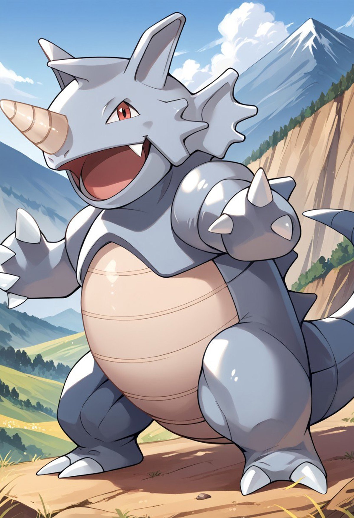 (source_anime, score_9, score_8_up, score_7_up:1), solo male, rhydon, feral, open mouth, looking at viewer, smile, outdoors, mountains