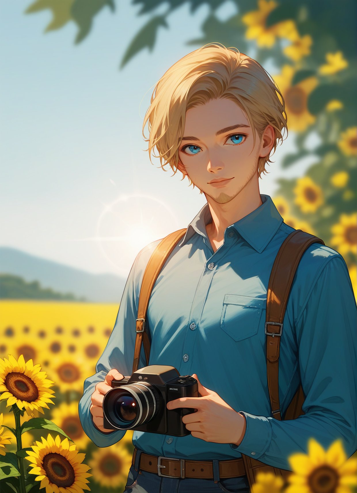 score_9,score_8_up,score_7_up,solo, looking at viewer, short hair, blue eyes, blonde hair, brown hair, shirt, long sleeves, 1boy, holding, upper body, flower, male focus, outdoors, day, collared shirt, belt, pants, bag, blurry, lips, blurry background, facial hair, sunlight, backpack, blue shirt, denim, realistic, yellow flower, camera, sunflower, holding camera