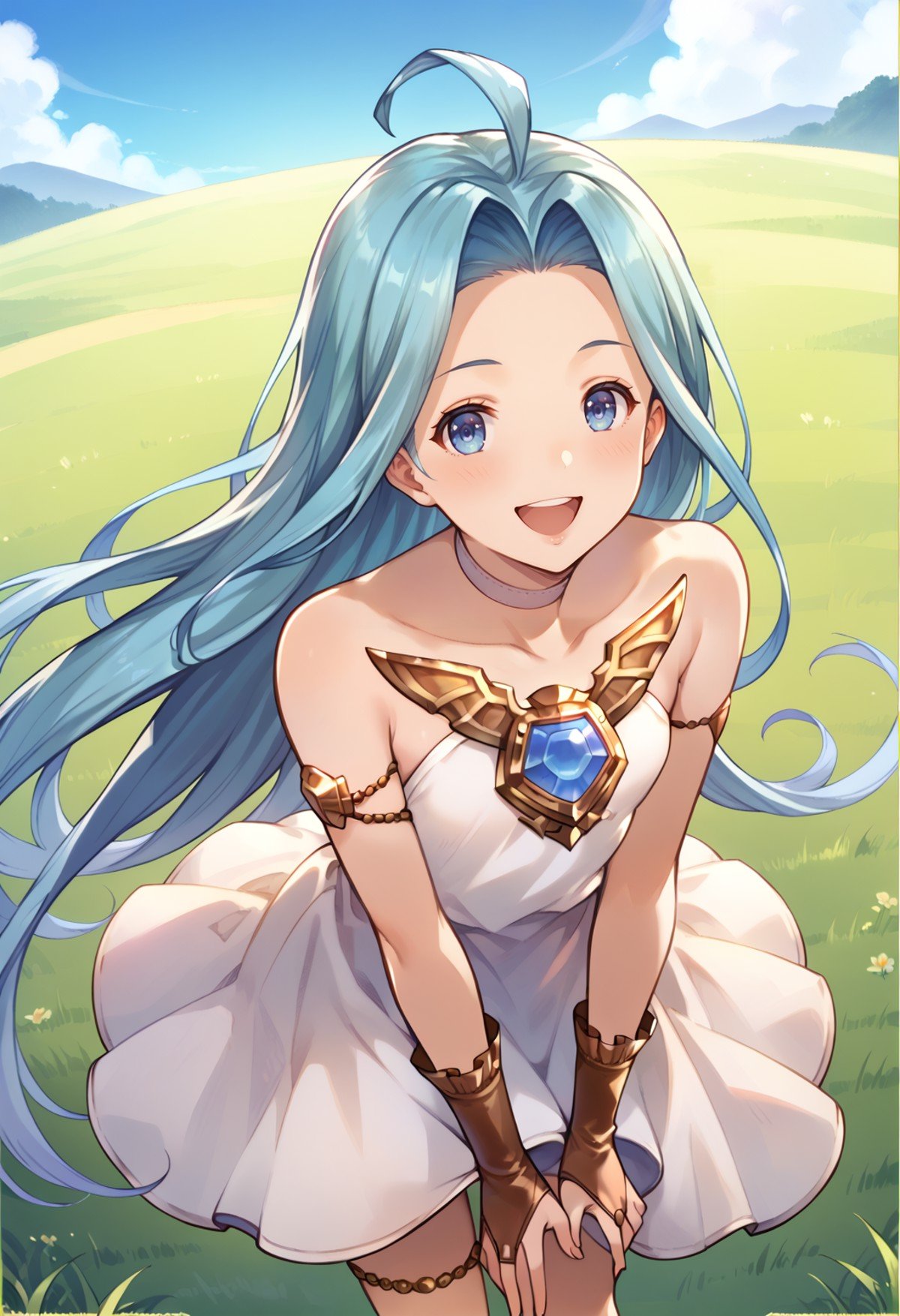 score_9, score_8_up, score_7_up, hd, (ultra hd quality details), grass, outdoors, blue sky,(masterpiece, best quality), fcDetailPortrait, solo, 1girl, luriabase, blue hair, very long hair, ahoge,lyrdefdress, bare shoulders, choker, collarbone, gem, jewelry, bridal gauntlets, thighlet,looking at viewer, blush, smile, open mouth, standing, from above, leaning forward,<lora:_lyria-elesicov1:1> 