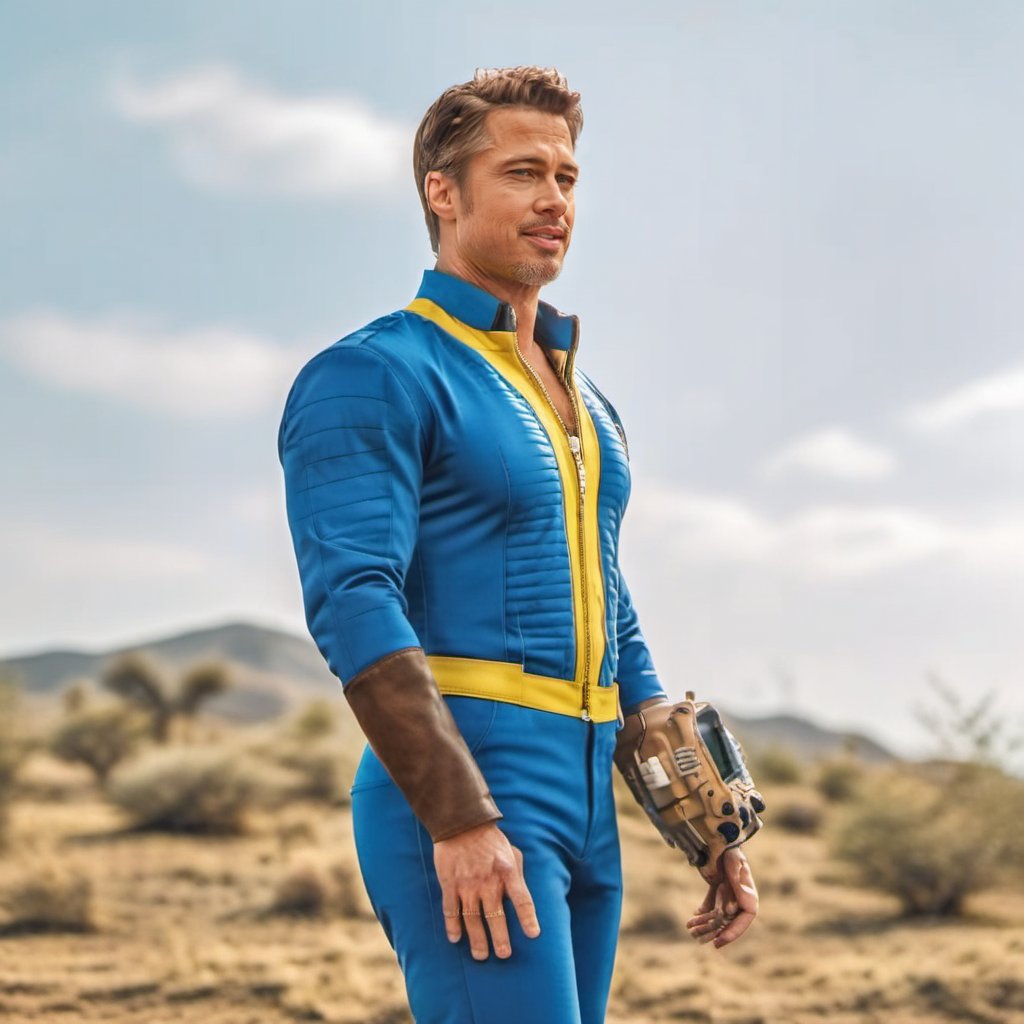 cinematic photo a full body brad pitt wears a blue and yellow jumpsuit, computer wrist <lora:Fallout-V2-1024-120:0.9> . 35mm photograph, film, bokeh, professional, 4k, highly detailed