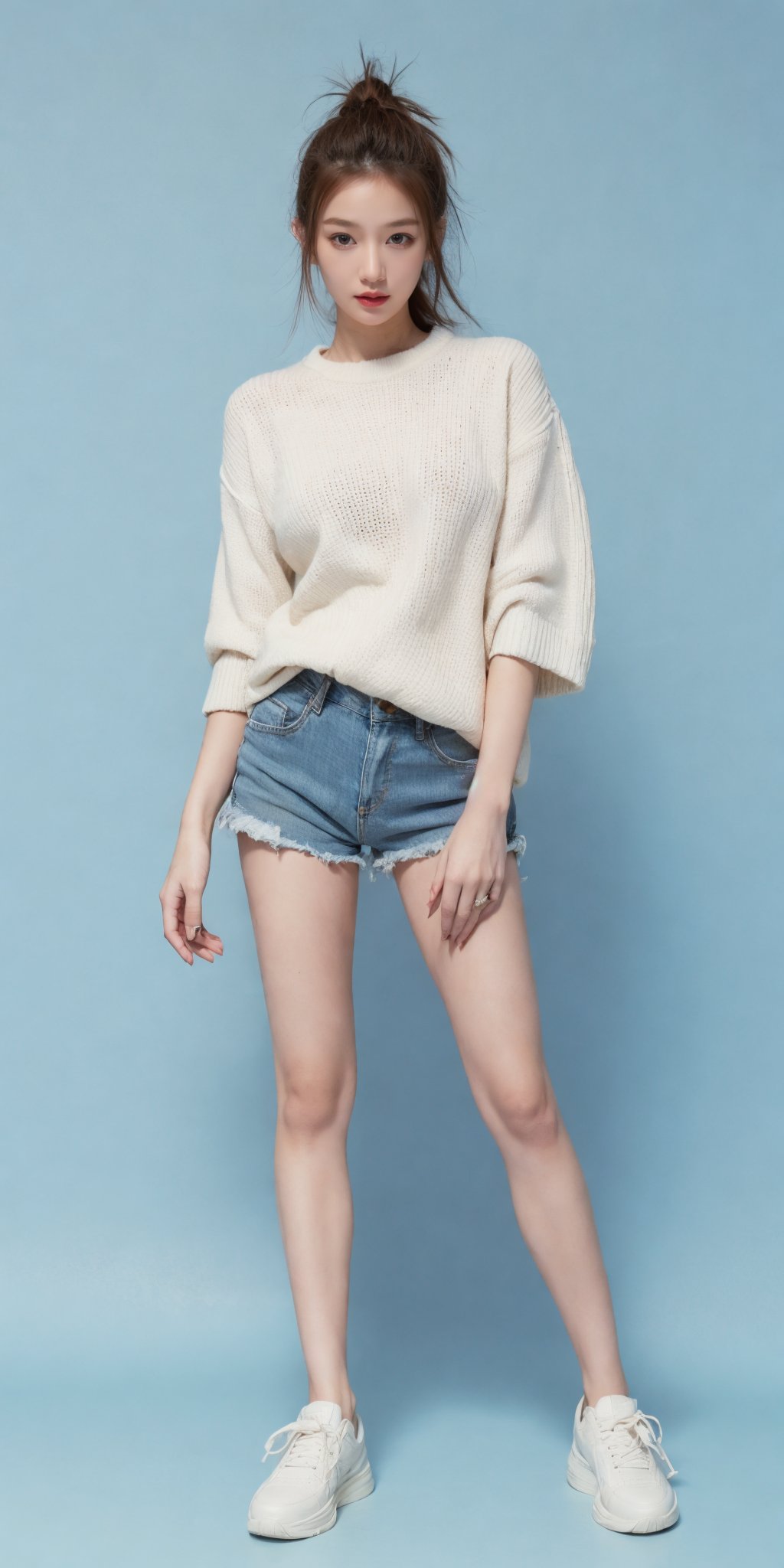 1girl,(standing:1.3),(denim_shorts:1.2),(blue background:1.3),(white sweater:1.2),white sneaker,