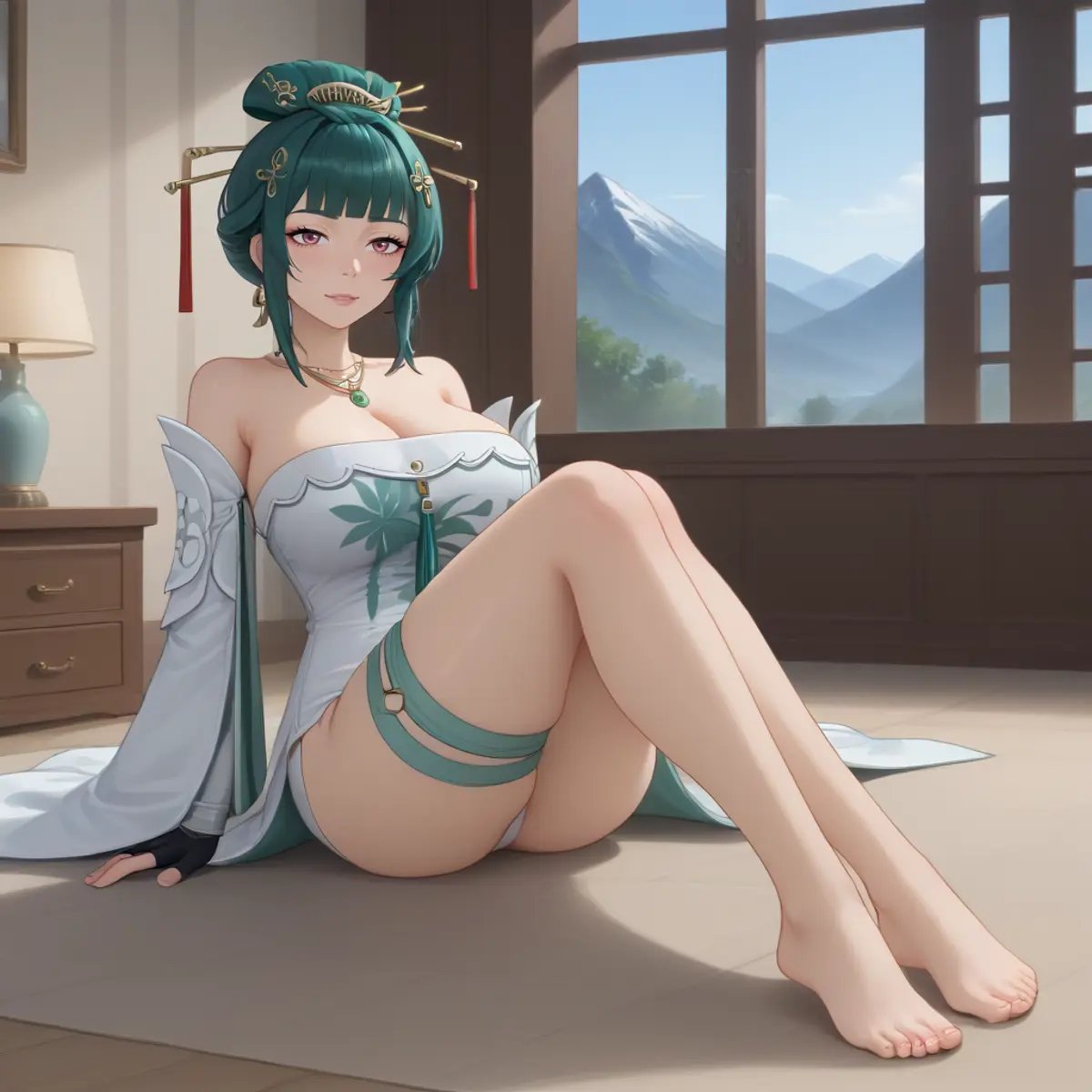 1girl, solo, Hanying, green hair, single hair bun, hair stick, hair ornament, necklace, strapless dress, white dress, cleavage, detached sleeves, fingerless gloves, folded legs, sitting , full body, thigh strap, skindentation, indoors, teahouse, window, mountains <lora:SDXL_Hyper:1> <lora:STFD_P:1> <lora:hanying-pdxl-nvwls-v1:1>