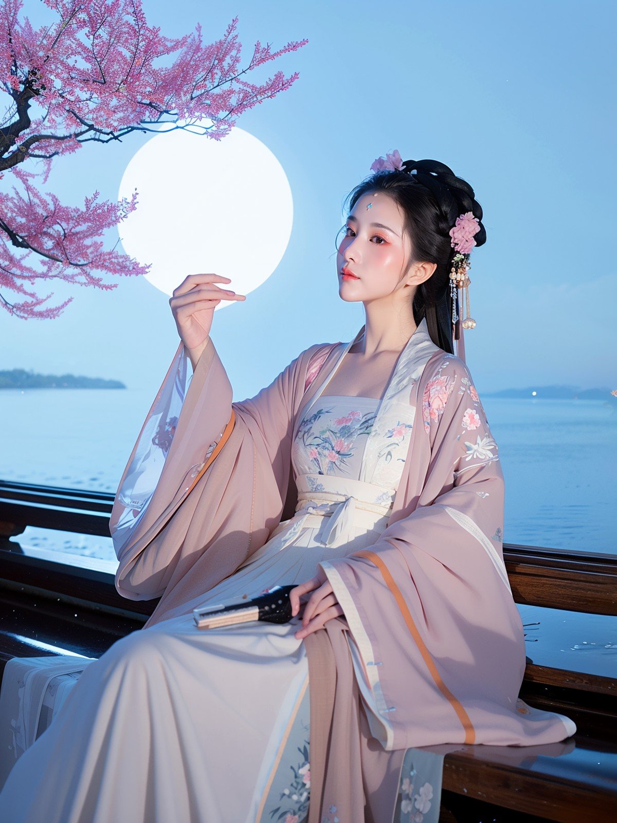 A Hanfu woman sat in a big tree near the water,in the moonlight,she wore a pure white flowing dress,surrounded by branches and beautiful pink flowers,a huge white moon behind her,in front of her is the wide water,the water mist long,creating a night atmosphere,both calm and mysterious. It is an expression of nature and fantasy,