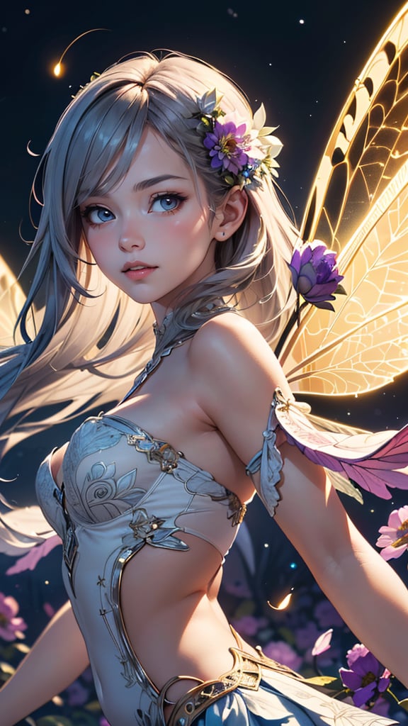 (best quality, masterpiece, colorful, highest detailed) upper body photo, fashion photography of cute (1 young, fairy girl:1.3), pale skin, 18yo, with 6 big high detailed dragonfly wings, very slim, skinny, (fractal art:1.1), (colorful:1.1), (flowers:1.3), (zentangle:1.2), (ultra-detailed body), (light smile:0.3), (night beautiful background:1.3), (many colors:1.4), flowers, enchanted forest, fireflies, soft light passing through hair, (official fractal art), (intricate details), (dynamic angle)