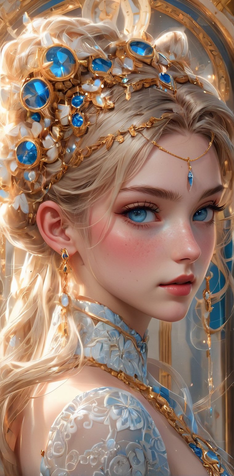 A young woman with long blonde hair and a single hair bun, adorned with a sparkling blue gemstone and gold trim, gazes slightly to the side as if lost in thought. Her bright blue eyes sparkle with a hint of blush on her cheeks. She wears a elegant dress and jewelry, including earrings that catch the light. A delicate head chain adds to her refined features, including parted lips, defined eyelashes, and freckles. The camera captures her from the side, showcasing her porcelain complexion and subtle makeup.<lora:EMS-371090-EMS:0.600000>, <lora:EMS-368063-EMS:0.800000>