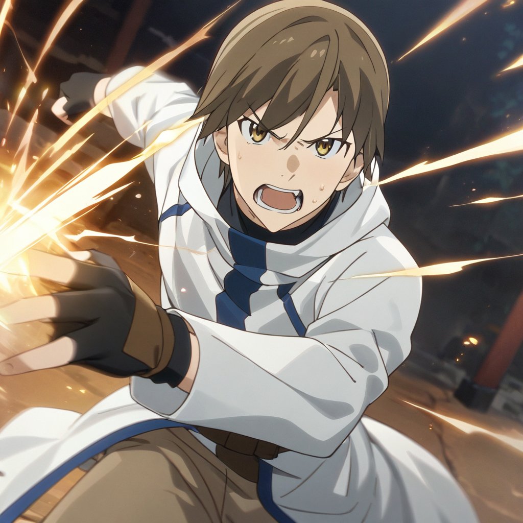 fighting, spelling light magic, manato_grimgar, 1boy, angry, solo,white jacket, brown boots, beige pants, fingerless gloves, (masterpiece, high-quality, breathtaking, highres, ultra detailed), (expressive eyes, perfect face) <lora:manato grimgar:1> <lora:Fixhands_anime_bdsqlsz_V1:1>