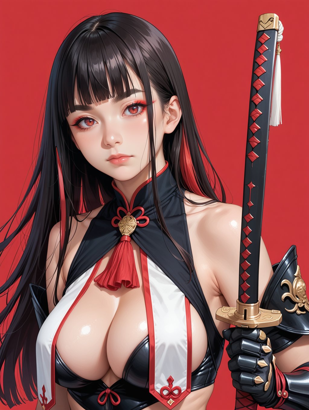 score_9, score_8_up, score_7_up, 1girl, breasts, weapon, solo, sword, dark red background, black hair, holding weapon, holding, unsheathing, large breasts, holding sword, gloves, looking at viewer, sheath, long hair, upper body, bare shoulders, black gloves, cleavage, short eyebrows, simple background, katana, blunt bangs, red eyes, closed mouth, makeup, eyeshadow, dark red hair, thick eyebrows, dark red eyeshadow, multicolored hair, breast curtains, gauntlets, red ribbon