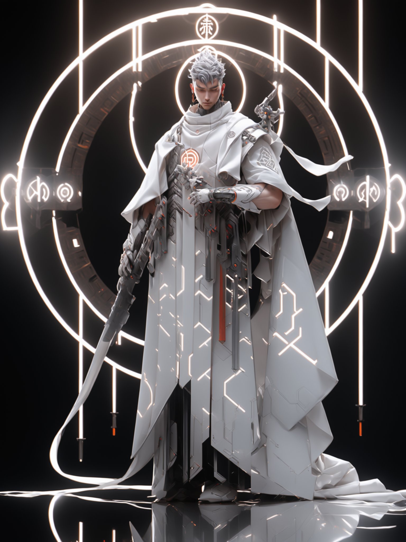 a futuristic, humanoid figure adorned in a white and gray armor. The figure has a halo-like circle of light behind it, with intricate designs and symbols. The armor is intricately designed with various mechanical components, including what appears to be a chest plate with a circular emblem, a helmet with a visor, and a long flowing cloak. The figure is also equipped with a weapon, possibly a gun, and has a chain or cord attached to its waist. The background is dark, emphasizing the figure and its details<lora:Suotai-000006:1>