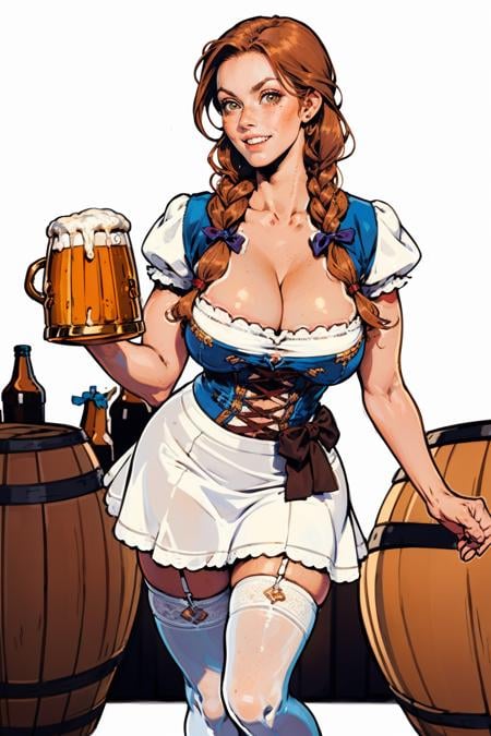 masterpiece, best quality, <lora:age_slider_v20:1>  <lora:detail_slider_v4:2> 1girl, barma1d3n, dirndl, dress, cleavage, german clothes, thighhighs, standing, full body, twin braids, mug, beer mug, barrel, <lora:barma1d3n:0.7>  <lora:Fr3ckles:0.8> Fr3ckles, freckles, long hair, ginger hair, white background, 