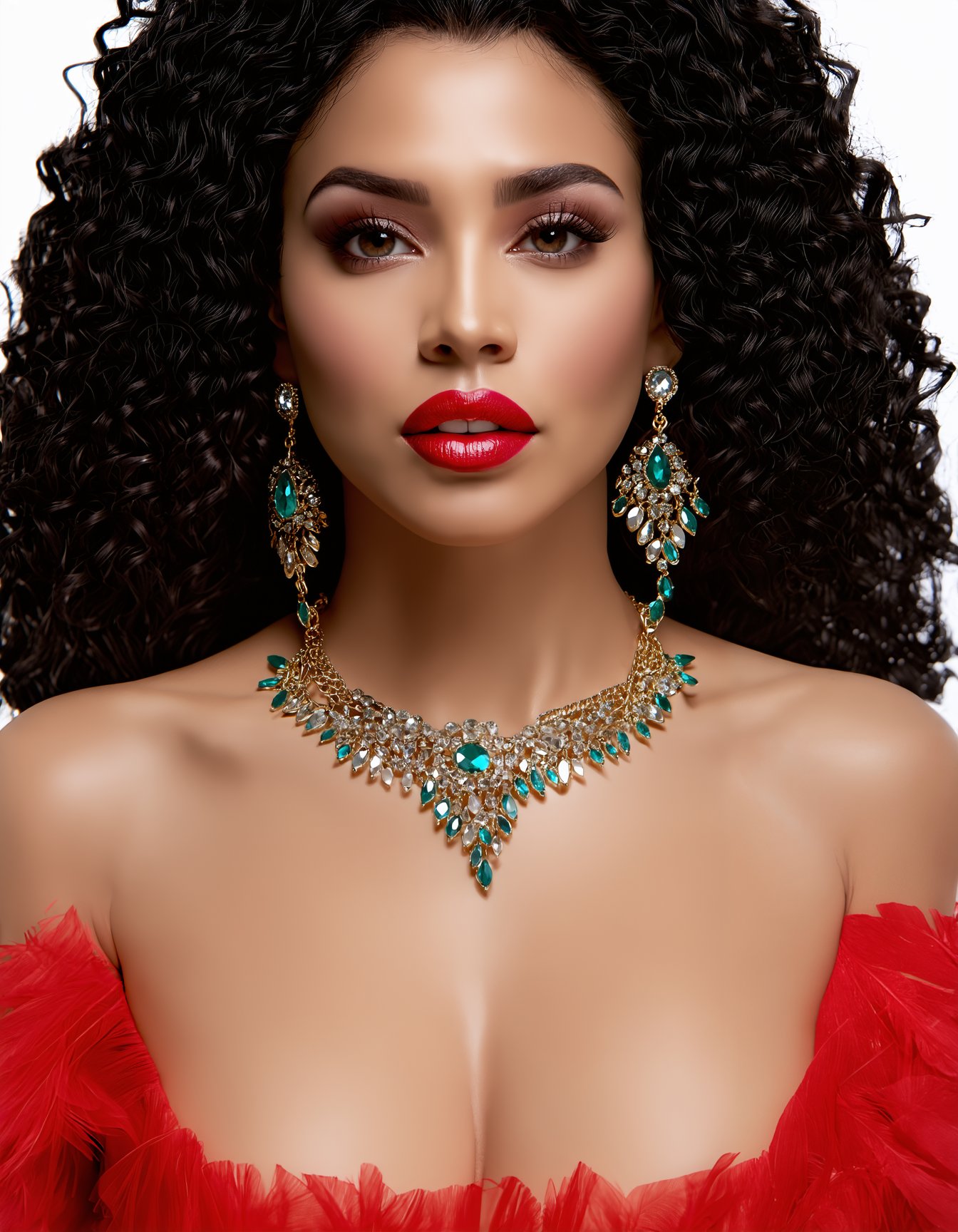 best quality,4k,8k,highres,masterpiece,ultra-detailed, woman, long hair, black hair, hair ornament, cleavage, jewelry, upper body, earrings, frills, parted lips, dark skin, necklace, blurry, black eyes, dark-skinned female, lips, blurry background, makeup, feathers, gem, lipstick, eyeshadow, curly hair, realistic, feather hair ornament, mascara, native american , SD3_cartoon_ep10.safetensors