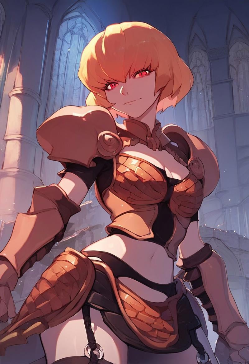 score_9, score_8_up, score_7_up,source_anime,Clementine, blonde hair, short hair, red eyes, light armor, garter belt,upper body, castle view, moonlight,upper body