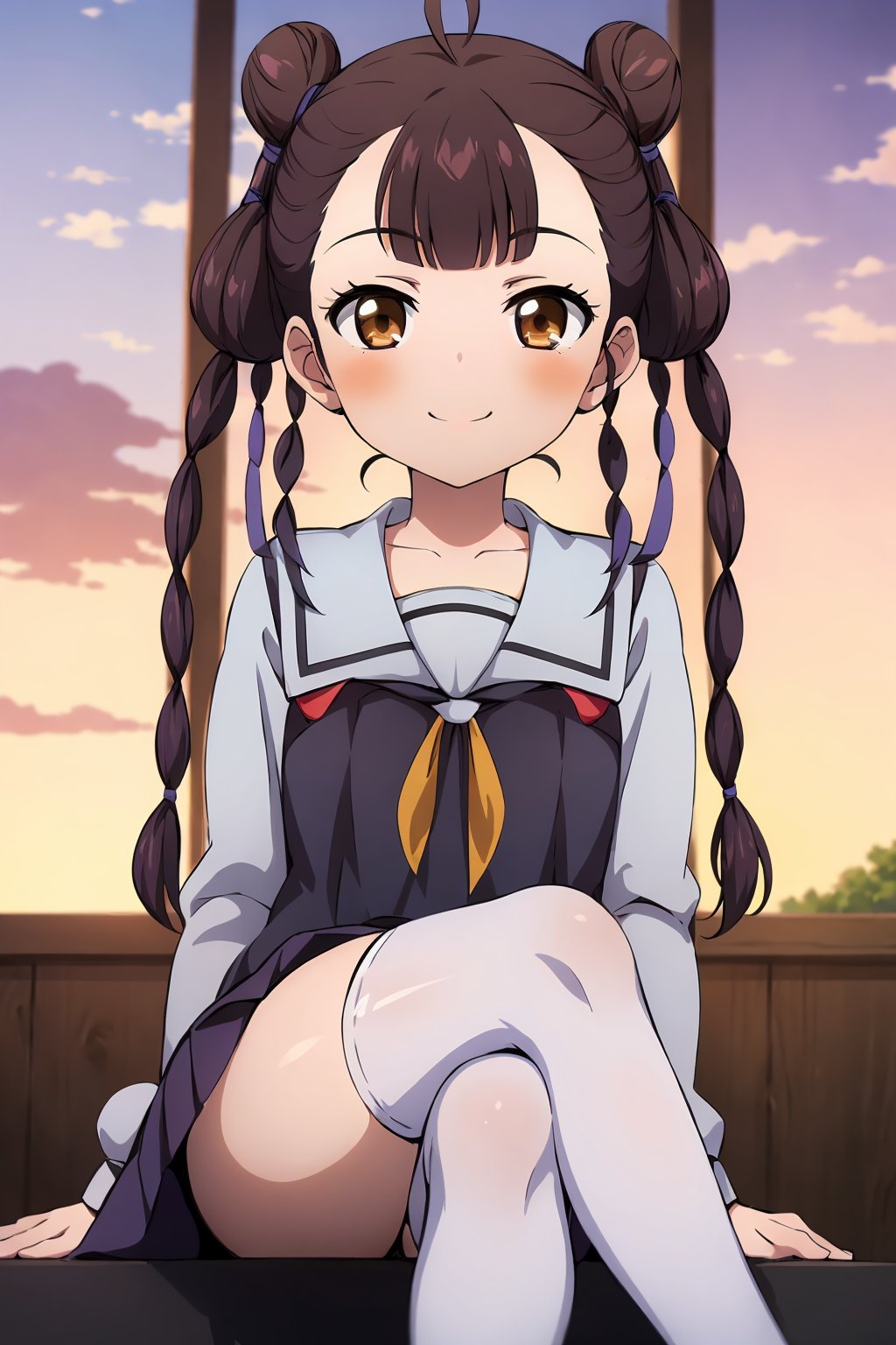 HDR,UHD,best quality,Highly detailed,masterpiece,Professional,<lora:dongfangqinlan:0.7>,dongfangqinlan,1girl,solo,blush,brown eyes,braid,brown hair,hair bun,twin braids,double bun,bow,smile,sitting,crossed legs,black_thighhighs,(serafuku:1.5),