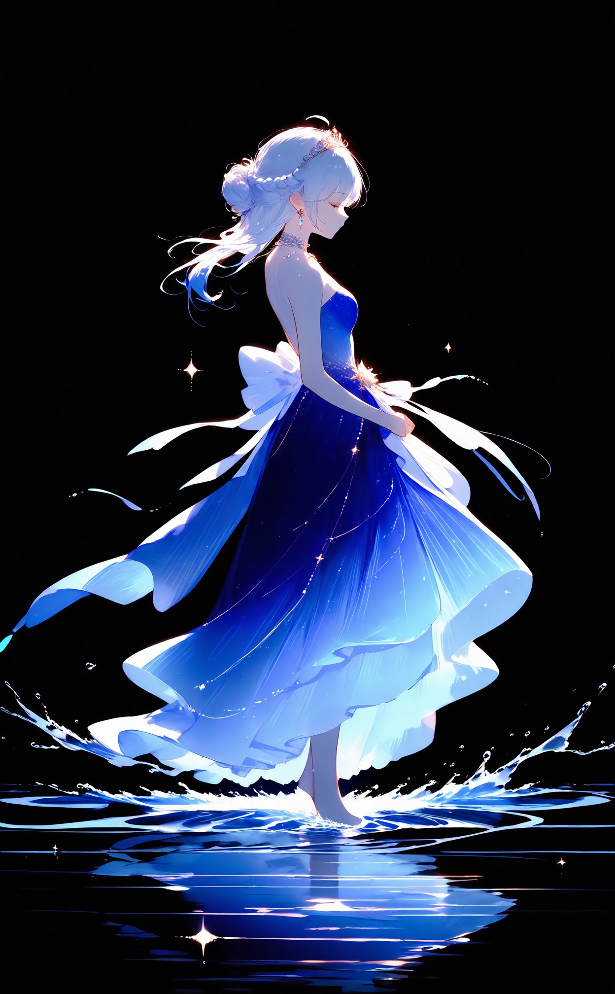 masterpiece,best quality,high quality,(colorful),nai3 Style,loli,w1girl,dress,solo,blue theme,closed eyes,blue dress,black background,standing on liquid,water,ripples,from side,jewelry,full body,strapless dress,profile,standing,bare shoulders,strapless,gradient dress,high heels,sparkle,tiptoes,earrings,walking on liquid,white hair,updo,glowing,barefoot,reflective water,splashing,simple background,breasts,reflection,necklace,light particles,long dress,floating clothes,back bow,closed mouth,hair ornament,water drop,blue hair,tiara,ribbon,hair bun,gown,choker,braid,bare arms,beads,bow,ahoge,layered dress,long hair,reflective floor,transparent,