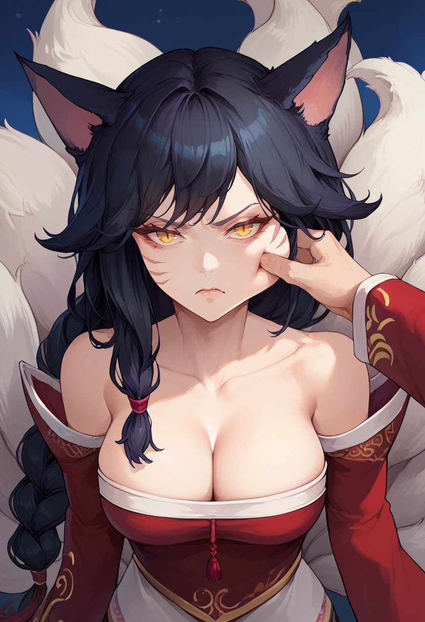 score_9, score_8_up, score_7_up, ahridefault, slit pupils, animal ears, facial mark, fox tail, multiple tails, long hair, single braid, black hair, yellow eyes, large breasts, korean clothes, collarbone, bare shoulders, cleavage, detached sleeves, <lora:Ahri_pdxl_Incrs_v1:1>, <lora:PinchingPOVOneHand_XLPD:1>, cheek pinching, pov hands, night, upper body, annoyed, looking at viewer, 