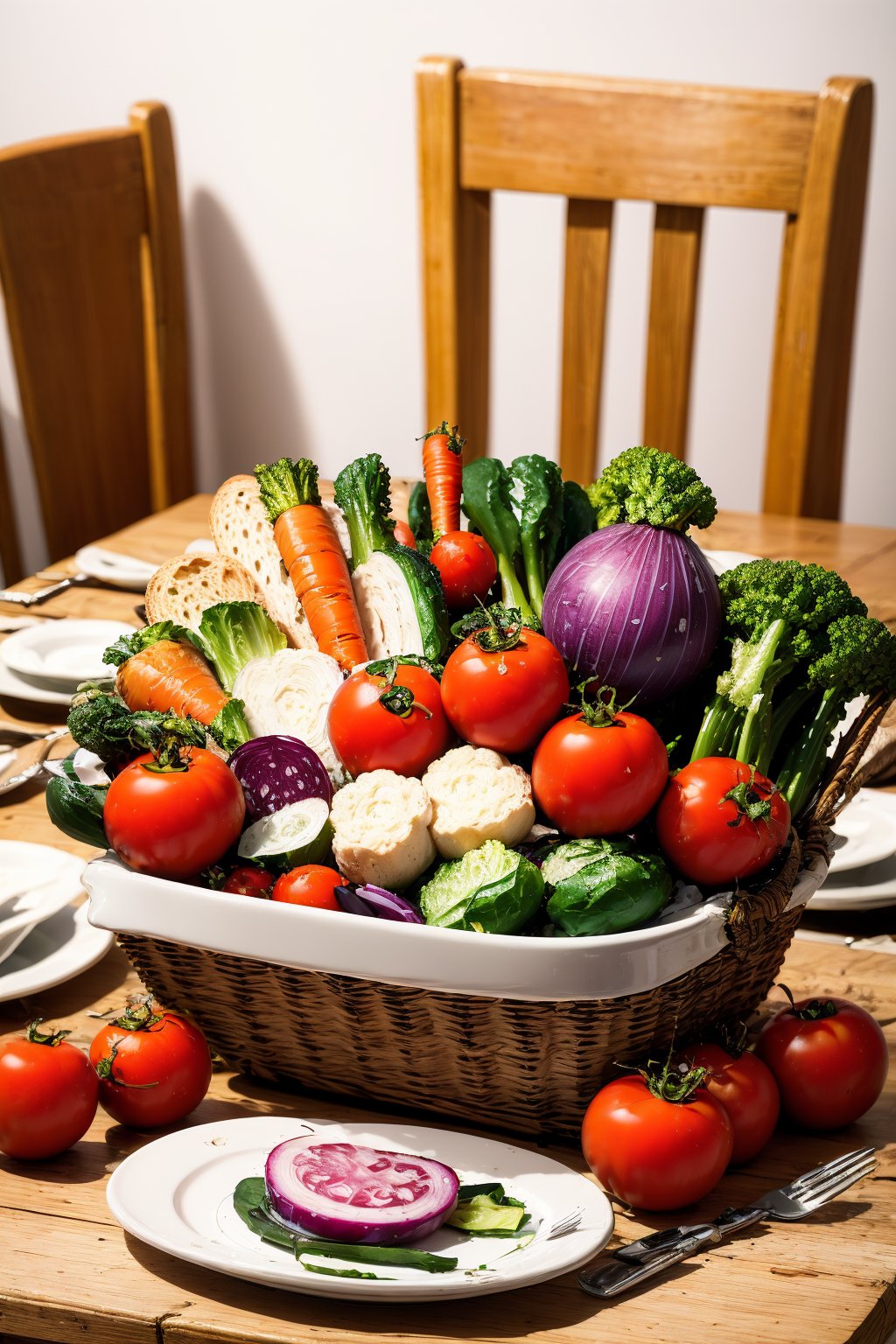 <lora:AgainRealistic_v2.0:1>,AgainRealistic_v2.0, tomato, cucumber, no humans, basket, lettuce, vegetable, plate, eggplant, food, table, carrot, onion, food focus, potato, indoors, still life, salad, wooden table, fork, broccoli, blurry, radish, chair, plant, blurry background, bread, knife, realistic, fruit