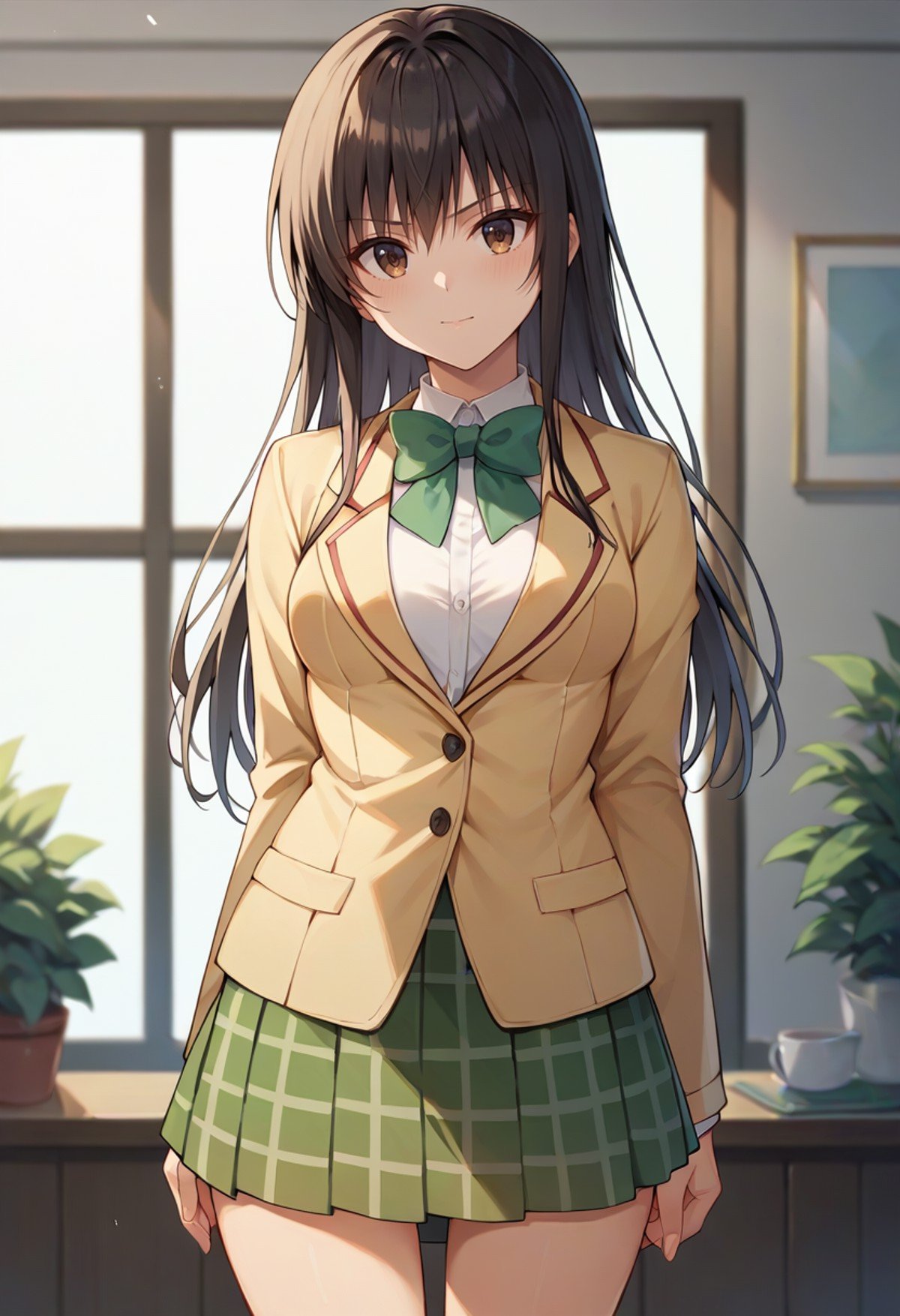 score_9,score_8_up,score_7_up,score_6_up,score_5_up,score_4_up,1girl, kotegawa yui, long hair, breasts, blazer, green plaid skirt, bowtie, cowboy shot, solo, looking at viewer, indoors,<lora:kotegawaponyxl:1>