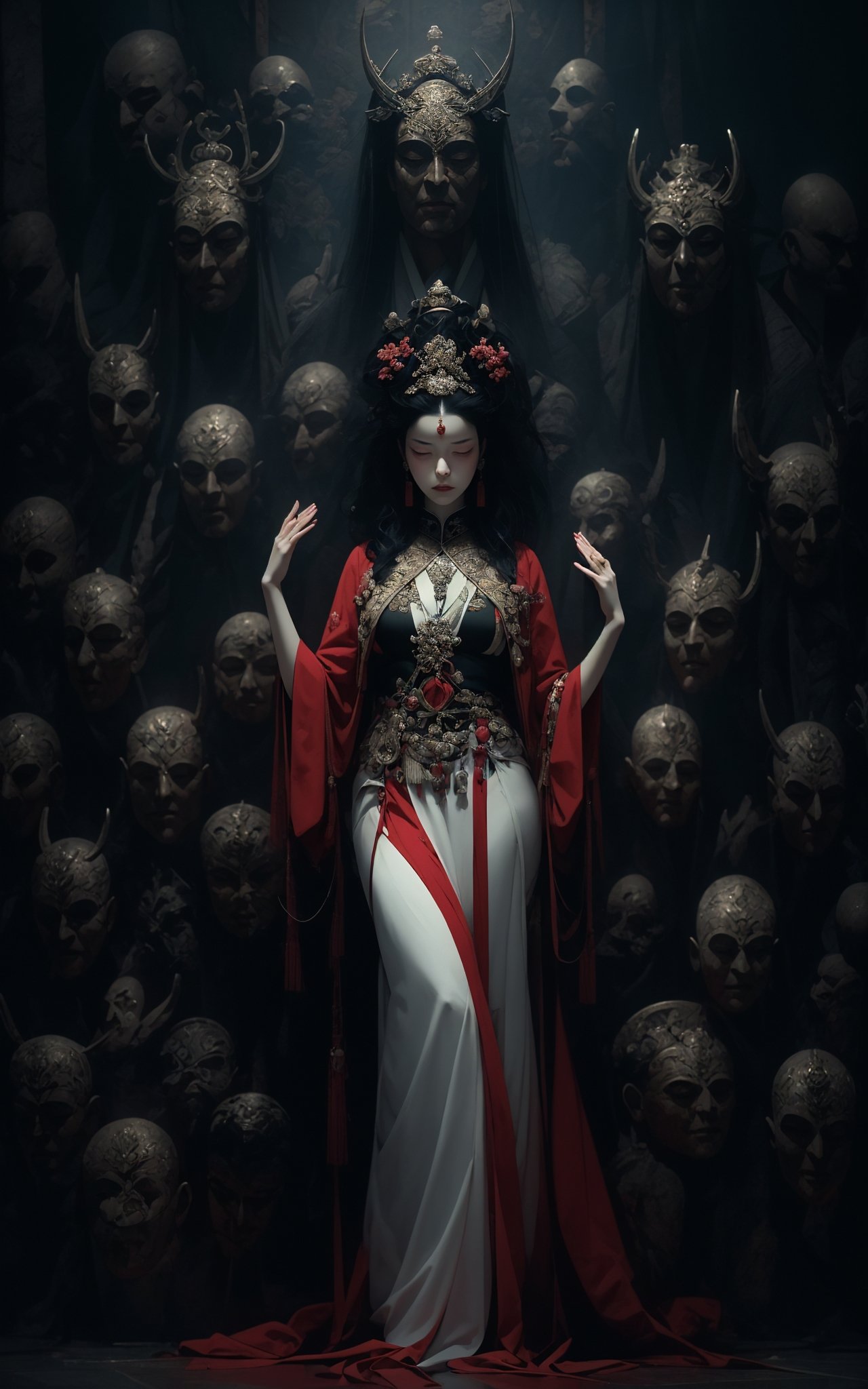 a woman meditating in front of lots of masks, in the style of zhang jingna, photomontage, hirohiko araki, oriental, sergio toppi, theatrical, poster art，(full body:1.5),<lora:绪儿已成精-佛:0.8>