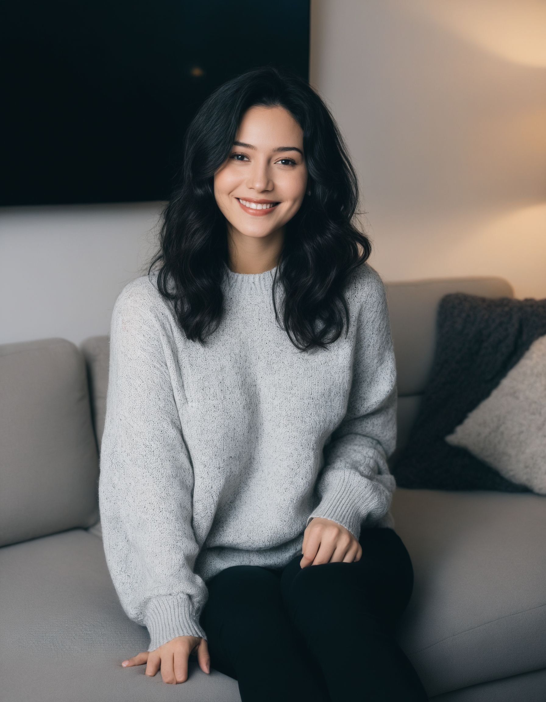 night, indoors, living room, couch, 1girl, black hair, medium hair, wavy hair, sweater, smile, high contrast, looking at viewer, contrast, vibrant, intense, stunning, using a Canon EOS R6 and a 16-35mm to capture every detail and angle, with emphasis on the lighting and shadows,8K,