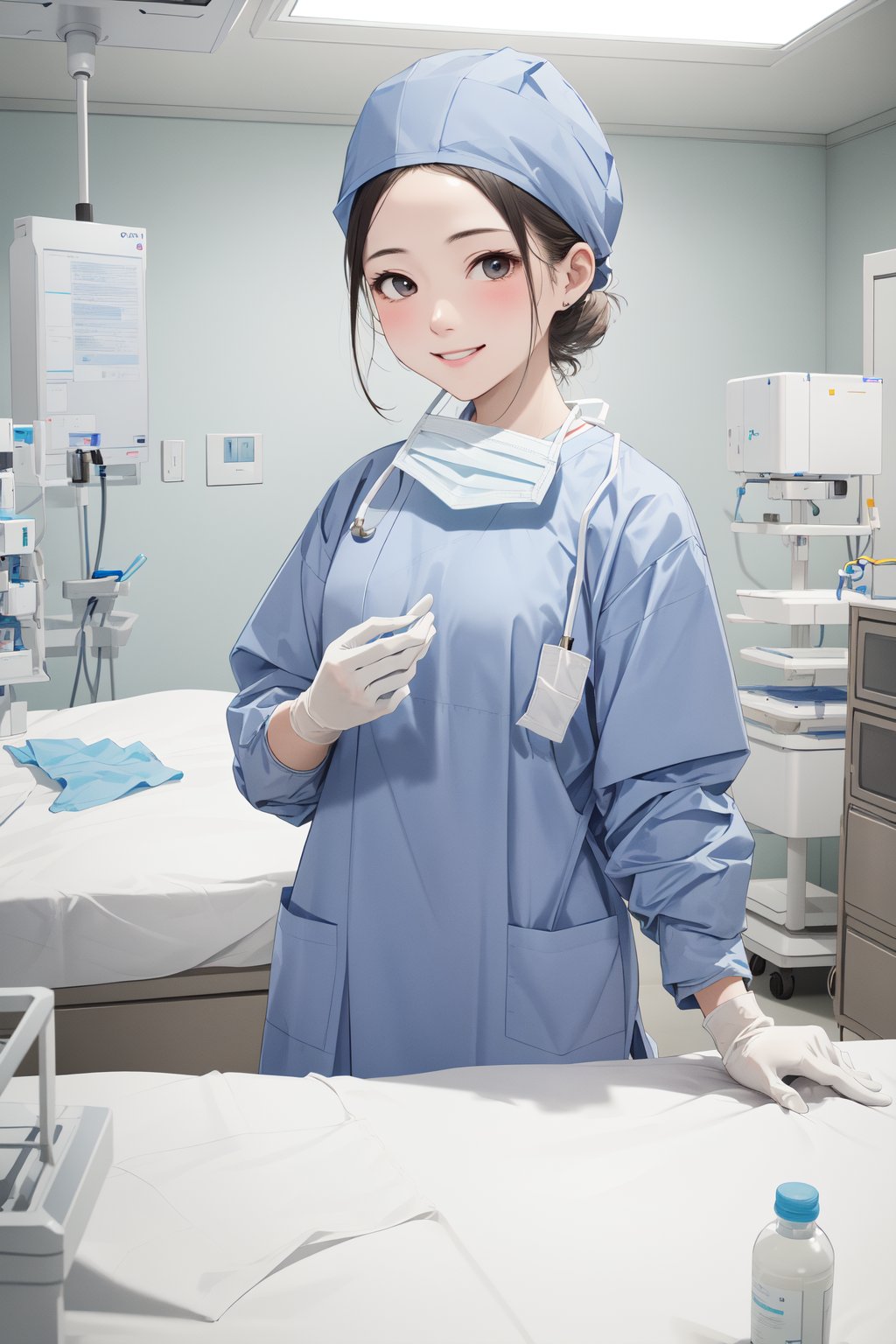 (RAW photo, best quality), 1girl, long sleeve surgical outfit, surgical mask,  surgical gloves, surgical cap,  operating room, overhead surgical light, light smile, <lora:concept_surgical_mask_open_v2_1:1> surgical_mask_open, completely_undone