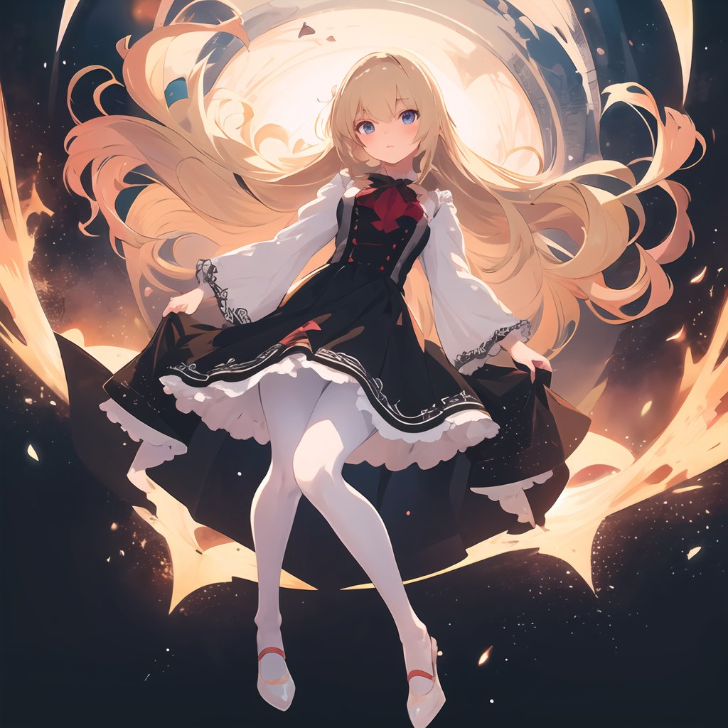 (Anime:1.1),Illustration style,1girl,solo,long hair,looking at viewer,blonde hair,White pantyhose,floating_hair,center frame,sharp focus,best quality,masterpiece,extremely detailed,detailed background,Lace trims,(bestquality),(masterpiece),Full body image,