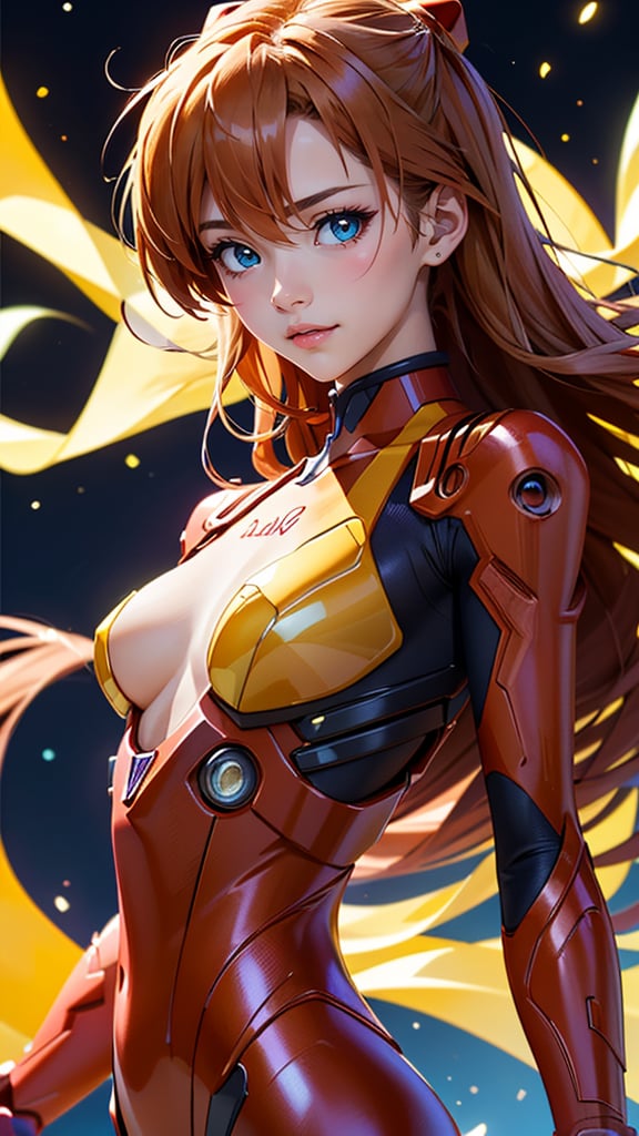 (best quality, masterpiece, colorful, highest detailed) upper body photo, fashion photography of cute (Asuka Langley), in high detailed textured Evangelion red plugsuit, (ultra-detailed body), (light smile:0.3), moonlight passing through hair, (colorful background:1.3), (intricate details), (dynamic angle)