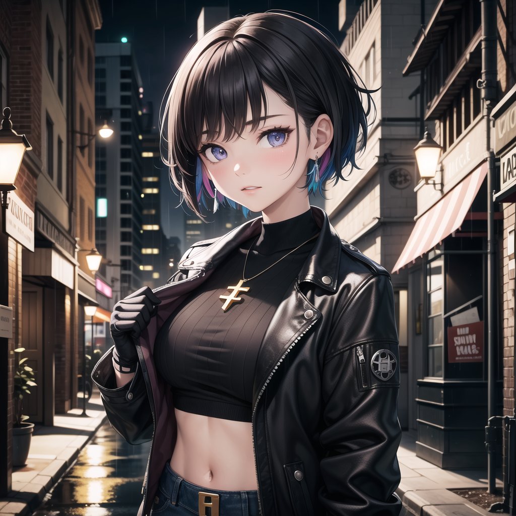 ((masterpiece, best quality, extremely detailed), volumetric lighting, ambient occlusion, colorful, glowing, expressive eyes),

1girl, (asian girl), short hair, black hair, cross earrings, purple pop jacket, pink top, exposed waist, black jeans, gloves without fingers,
outdoors, night, rain, city, (antique buildings), 
(punk), (dystopian city),

upper body, close up, portrait,