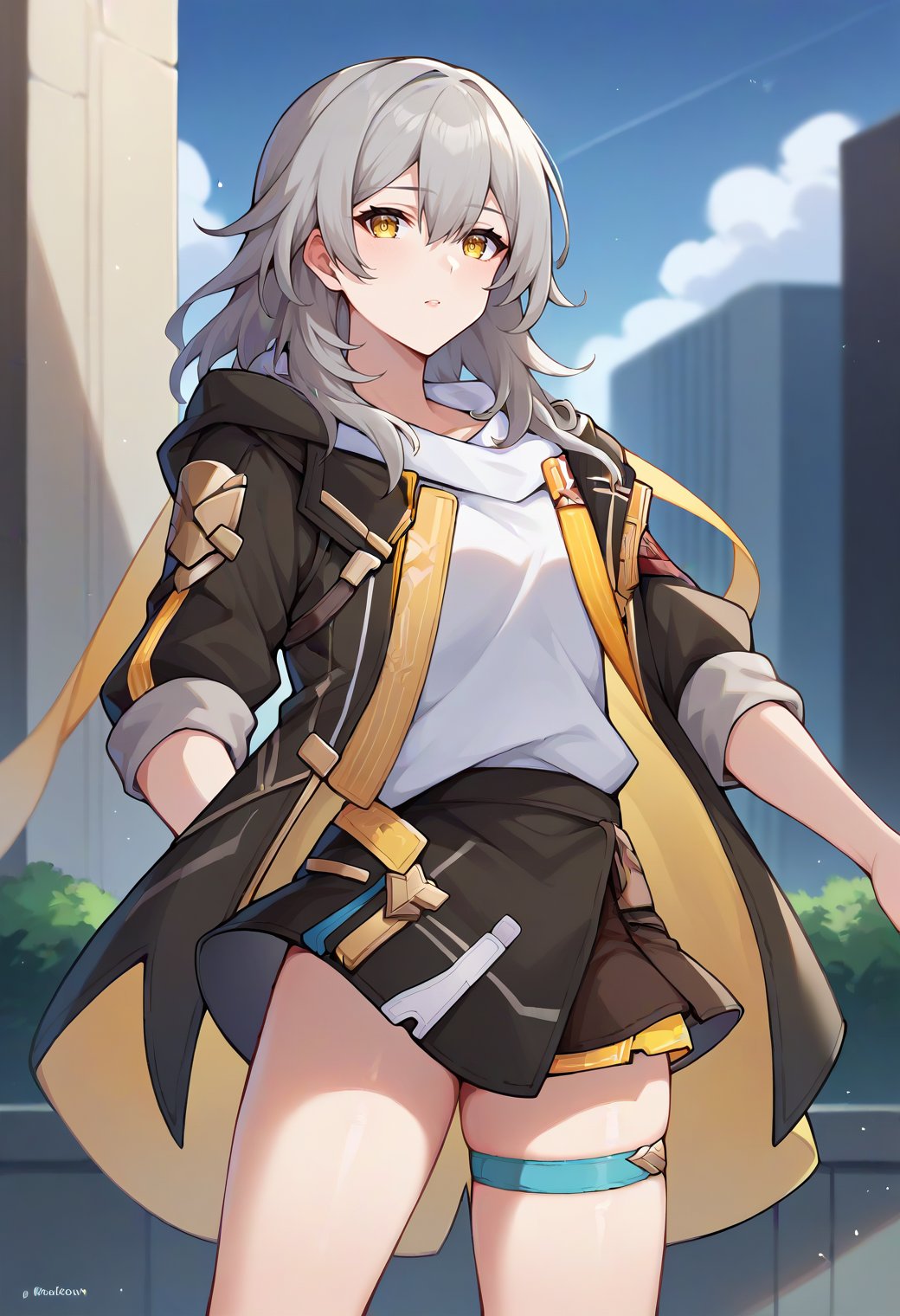 score_9, score_8_up, score_7_up, score_6_up, score_5_up, score_4_up, source_anime, BREAKstelle \(honkai: star rail\), honkai \(series\), 1girl, grey hair, yellow eyes, solo, shirt, open jacket, skirt, thigh strap, cowboy shot, outdoors,<lora:stellexlpony:1> 