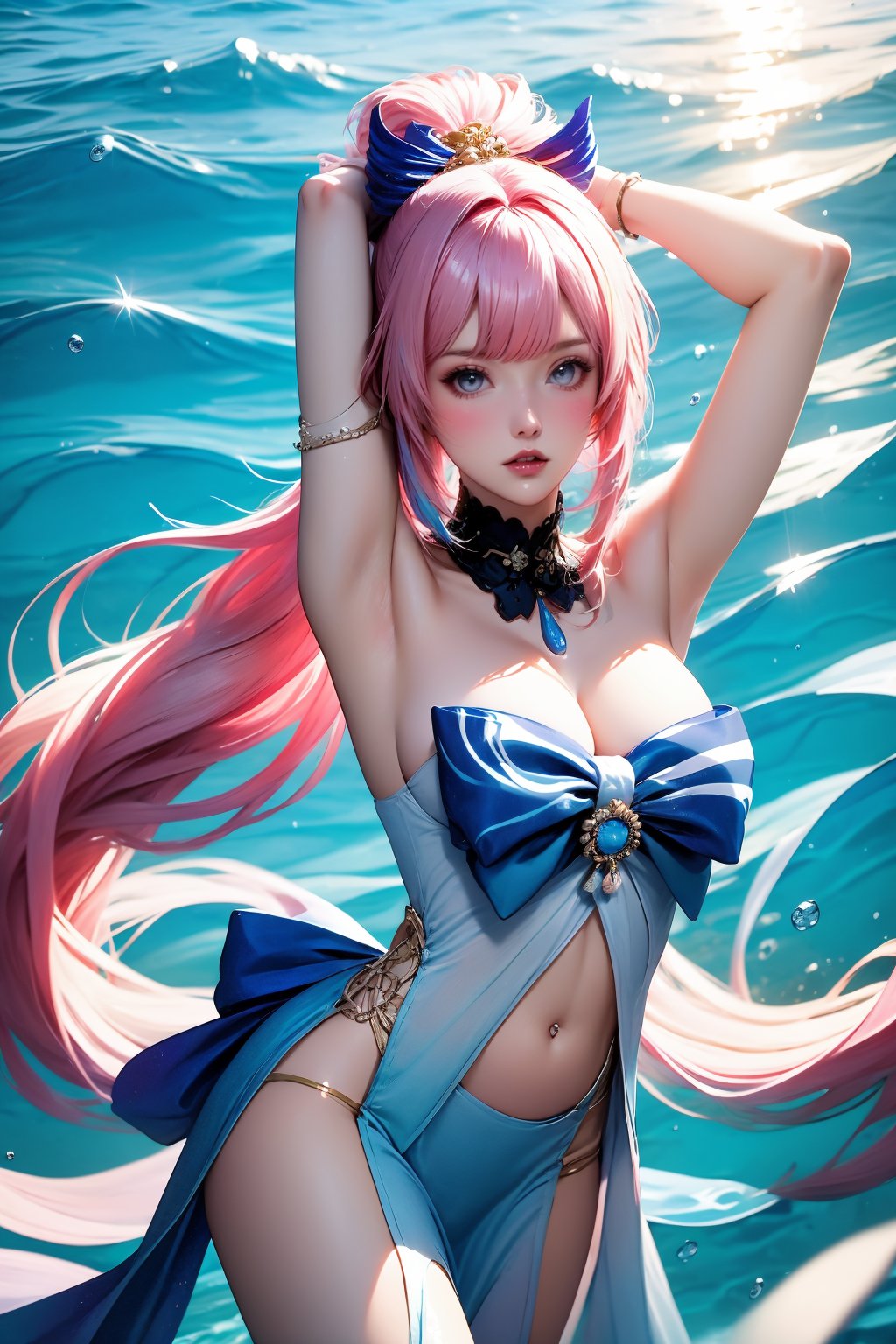 1girl, solo, breasts, armpits, long hair, navel, pink hair, cleavage, looking at viewer, sangonomiya kokomi, arms up, parted lips, underwater, very long hair, arms behind head, water, bow, dress, white thighhighs, bubble, gem, thighhighs, jewelry, lips, stomach, cowboy shot, grey eyes, teeth, blue bow, large breasts, ponytail, blue gemstone, vision \(genshin impact\), air bubble, hair ornament, detached collar, thighs, clothing cutout, blue dress, medium breasts, bare shoulders, see-through, blush, pelvic curtain, high ponytail, standing, sidelocks, ocean, floating hair, earrings, armband, multicolored hair, navel cutout, sleeveless, thigh strap, blue eyes, revealing clothes