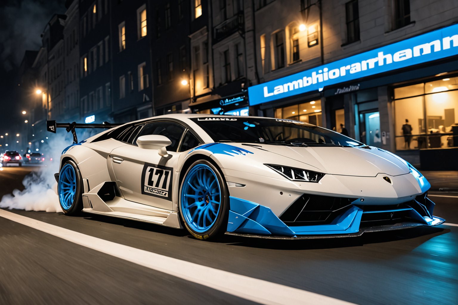 (DTM body kit, white and blue racing decals, Lamborghini), racing through the city, night, smoke sprays up from the cars tyres, Car drifting sideways in a black void , UHD, 