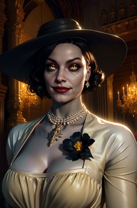 Alcina,yellow eyes,black hair,short hair,white dress with  black flower brooch,large black hat,single earring,cleavage,necklace,upper body,looking at viewer,smile,castle,indoors,night,(insanely detailed, beautiful detailed face, beautiful detailed eyes, masterpiece, best quality),solo,<lora:AlcinaDimitrescu-12:0.8>,