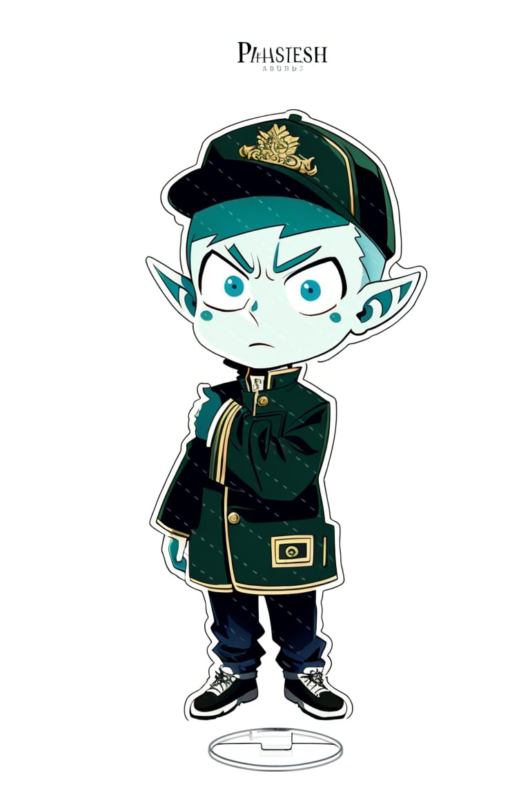 ((HRD, HUD, 8K)),((masterpiece, best quality)), highly detailed,AcrylicStandingCard, solo, 1boy, male focus, pointy ears, colored skin, white background, simple background, full body, chibi, hat, blue skin, frown, standing, green skin, clothes writing, character name,  <lora:20240602-1717299679057:0.8>