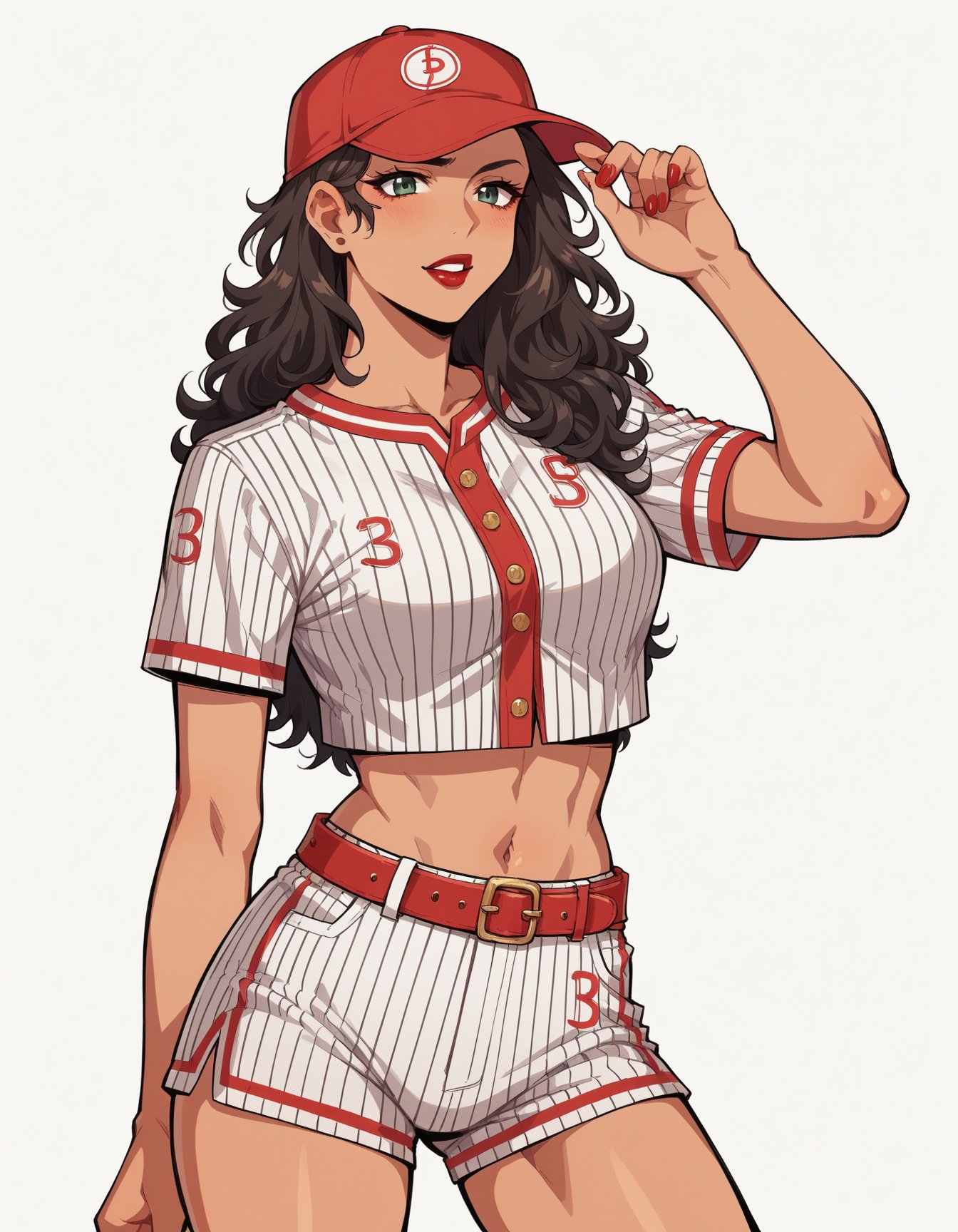 orphism style score_9, score_8_up, score_7_up, score_6_up, anime, best quality, 1girl, long black curly hair, red lipstick, hud_bbll_plyr, baseball cap, striped, midriff, belt, baseball uniform, shorts, crop top, <lora:hud_bbll_plyr-000008:0.8>, baseball field . pure color, abstract, musical, detailed