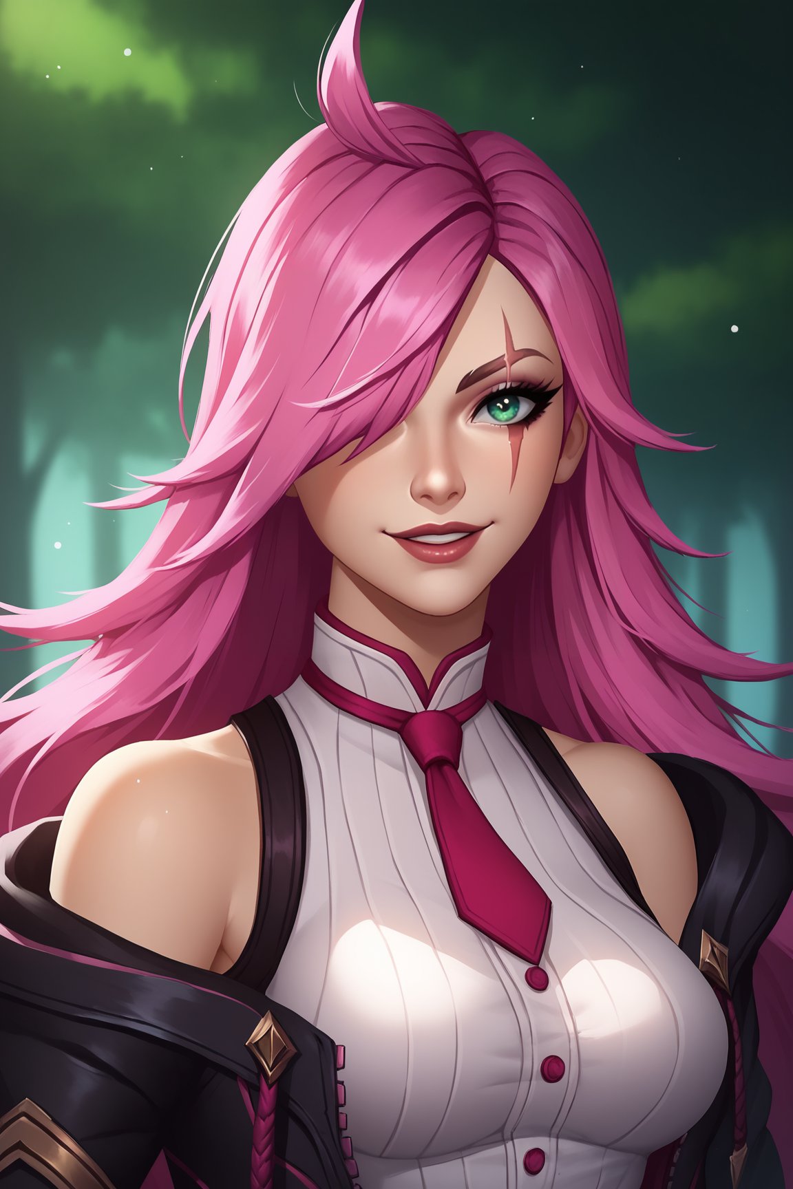 score_9, score_8_up, score_7_up, score_6_up, score_5_up, score_4_up, BREAK, KatarinaBAXL, katarina \(league of legends\), scar across eye, green eyes, pink hair, long hair, hair over one eye, ahoge, medium breasts, bare shoulders, open jacket, black jacket, pink necktie, white shirt, solo, front view, (portrait, upper body), solo focus, seductive smile, looking at viewer, forest, tree <lora:KatarinaBAXL:0.9>