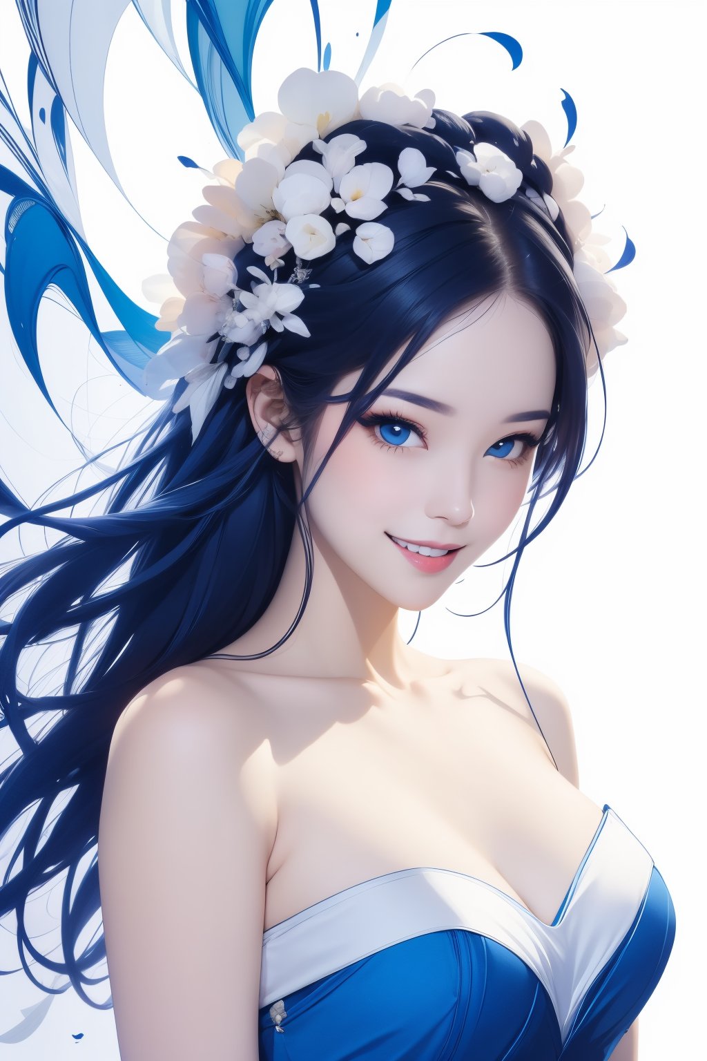 lbc girl,a girl in a dress with a blue dress,solo,long hair,breasts,looking at viewer,smile,bangs,blue eyes,simple background,white background,dress,bare shoulders,medium breasts,collarbone,monochrome,parted lips,strapless,arms behind back,strapless dress,blue theme,